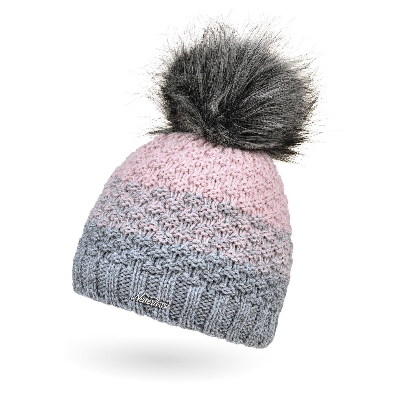 Neverless Bommelmütze Damen Strick-Mütze gefüttert Fleece-Innenfutter Fell- günstig online kaufen