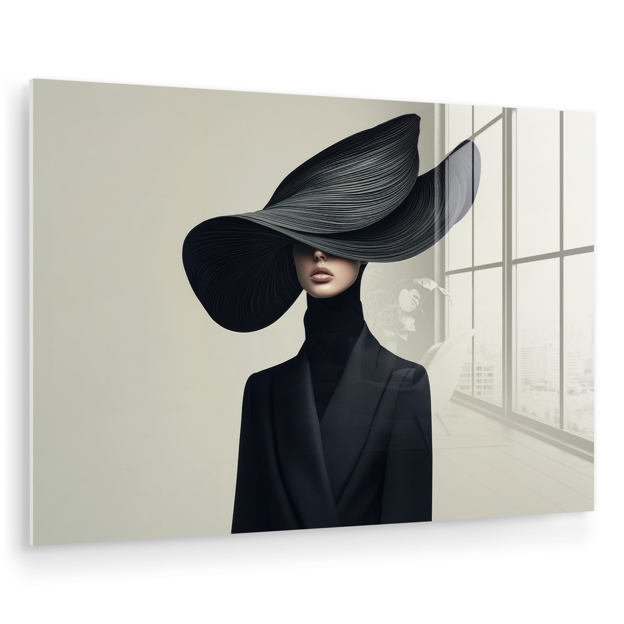 MuchoWow Acrylglasbild Schwarz - Frau - Hut, Inkl. Aufhängung, Glasbilder W günstig online kaufen