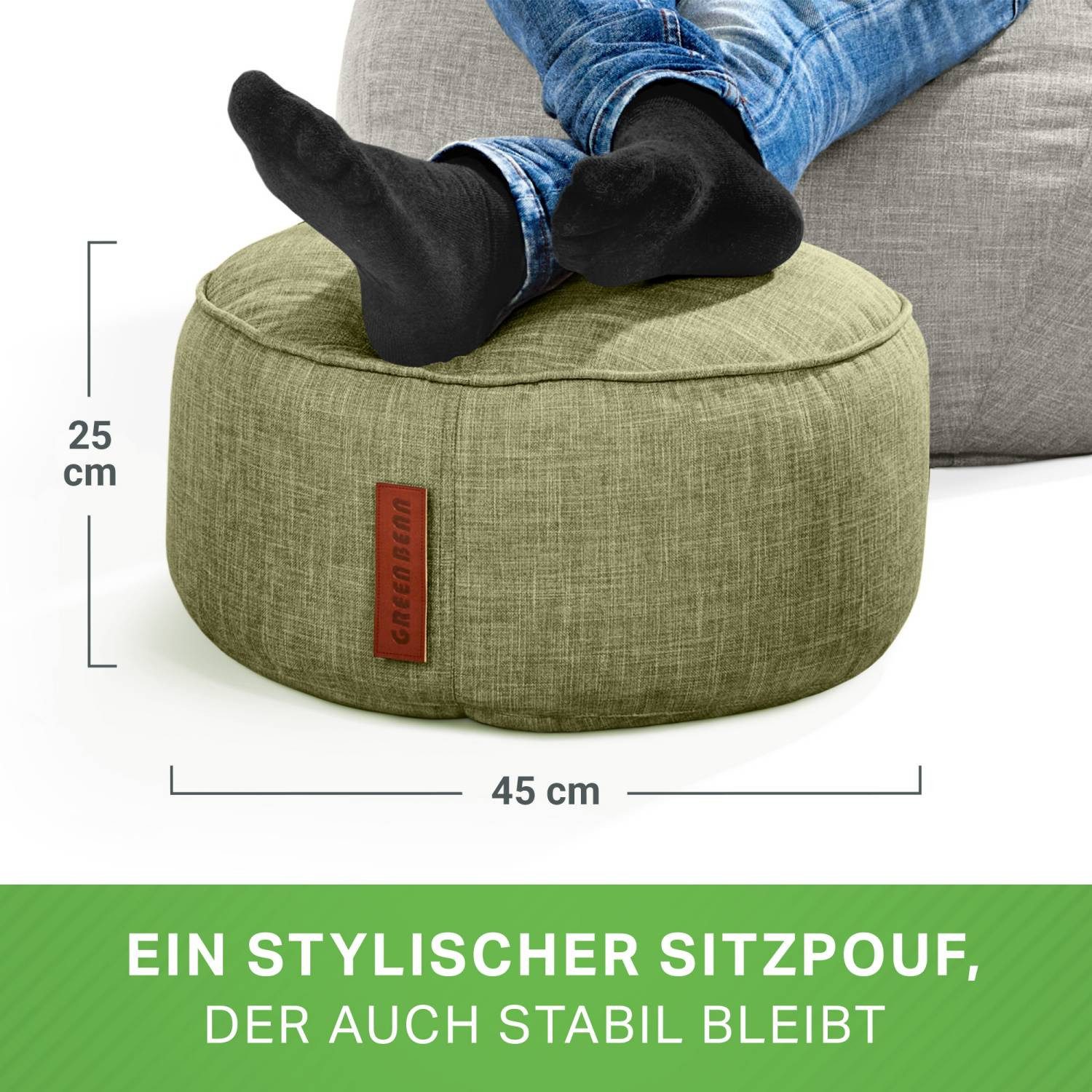 Green Bean Pouf Sitzsack-Hocker Home Linen 45x25cm (Sitzsack-Hocker 45x25cm mit EPS-Perlen Füllung -, Fußhocker Fußkissen Sitz-Pouf für Sitzsäcke), Bodenkissen  – Bild 3 von 5