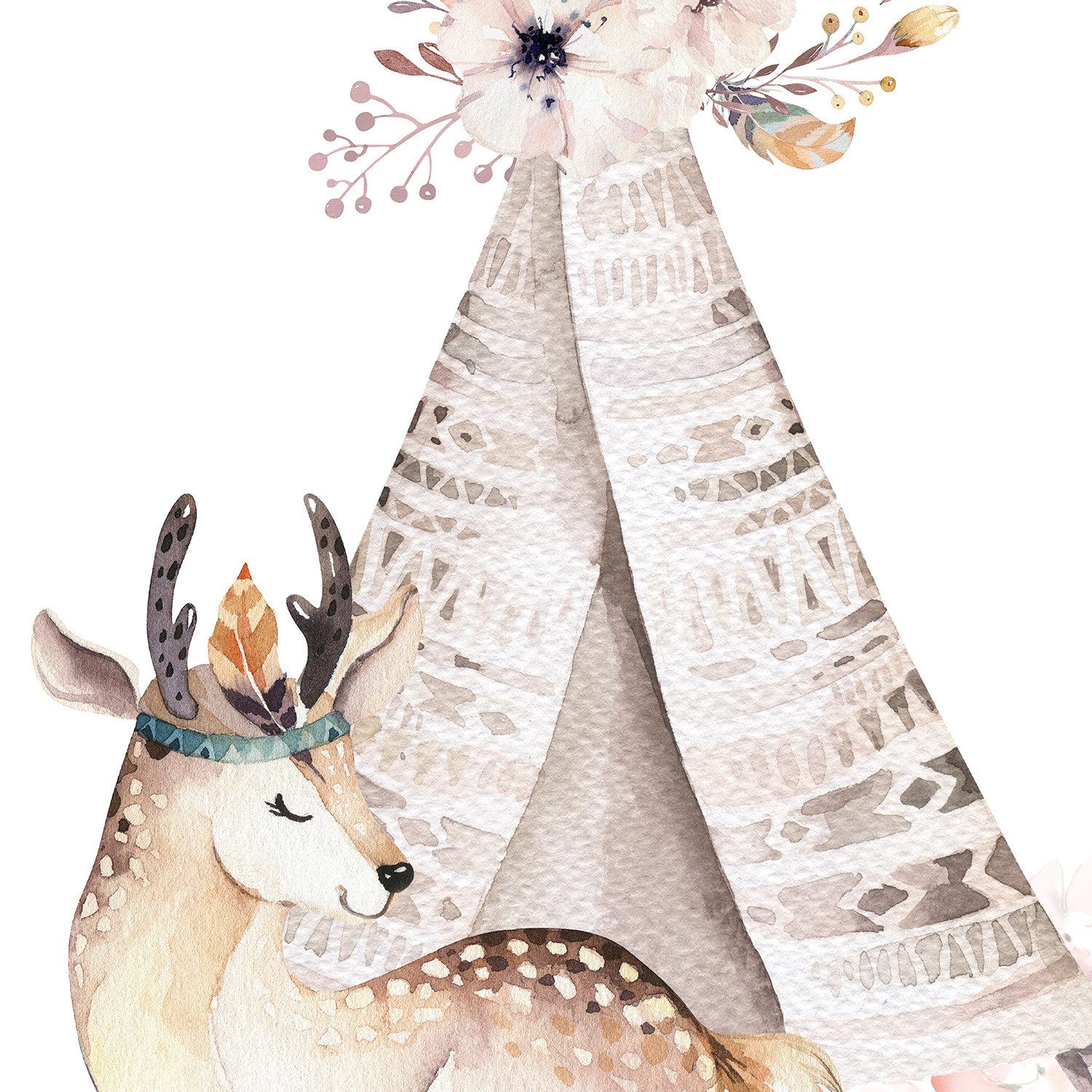 Rasch Fototapete Kinderzimmer mit Reh und Tipi mit Blumenschmuck in Rosa, strukturiert, gemustert, (1 Rolle, 1 St), Aquarell-Optik