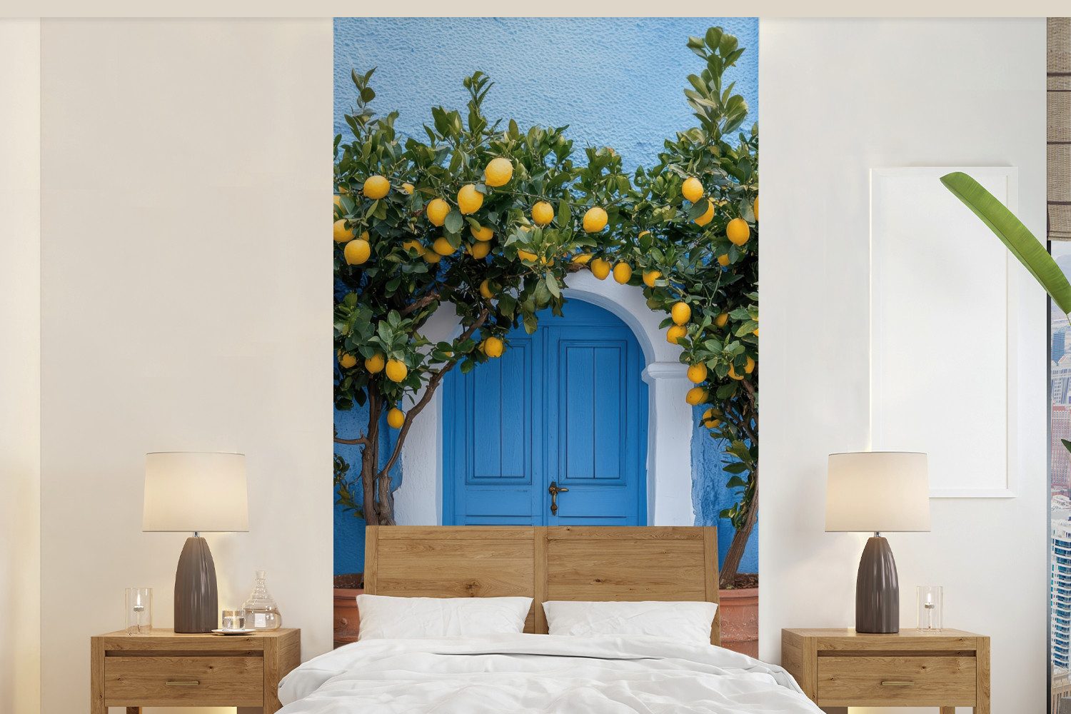 MuchoWow Fototapete Zitronenbäume - Gelb - Tür - Töpfe, Matt, bedruckt, Vliestapete für Wohnzimmer Schlafzimmer Küche, Fototapete, 120x240 cm