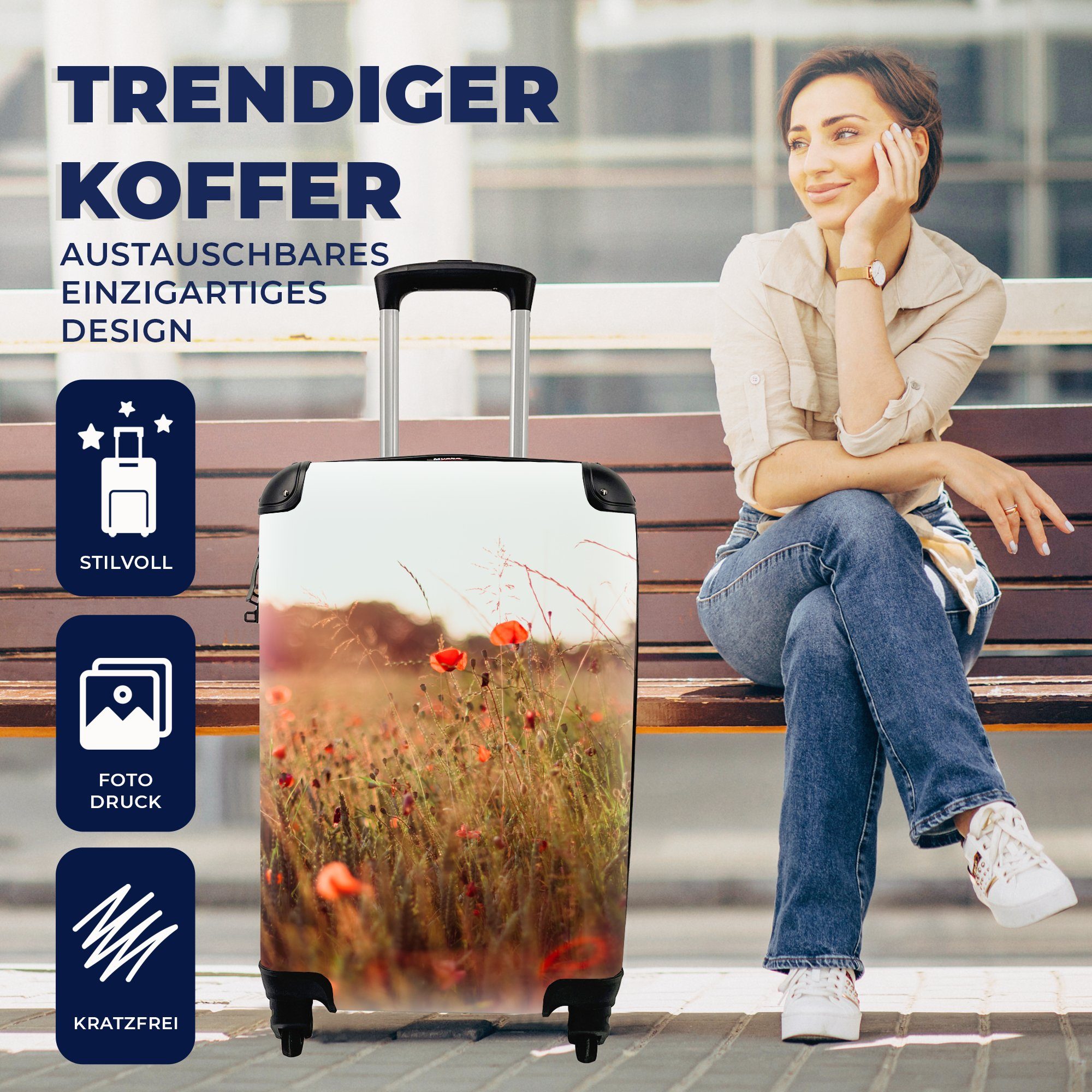 Trolley, Rollen, MuchoWow - Ferien, für Rot, Reisetasche Reisekoffer rollen, Handgepäck Sonnenuntergang - mit Blumen 4 Handgepäckkoffer