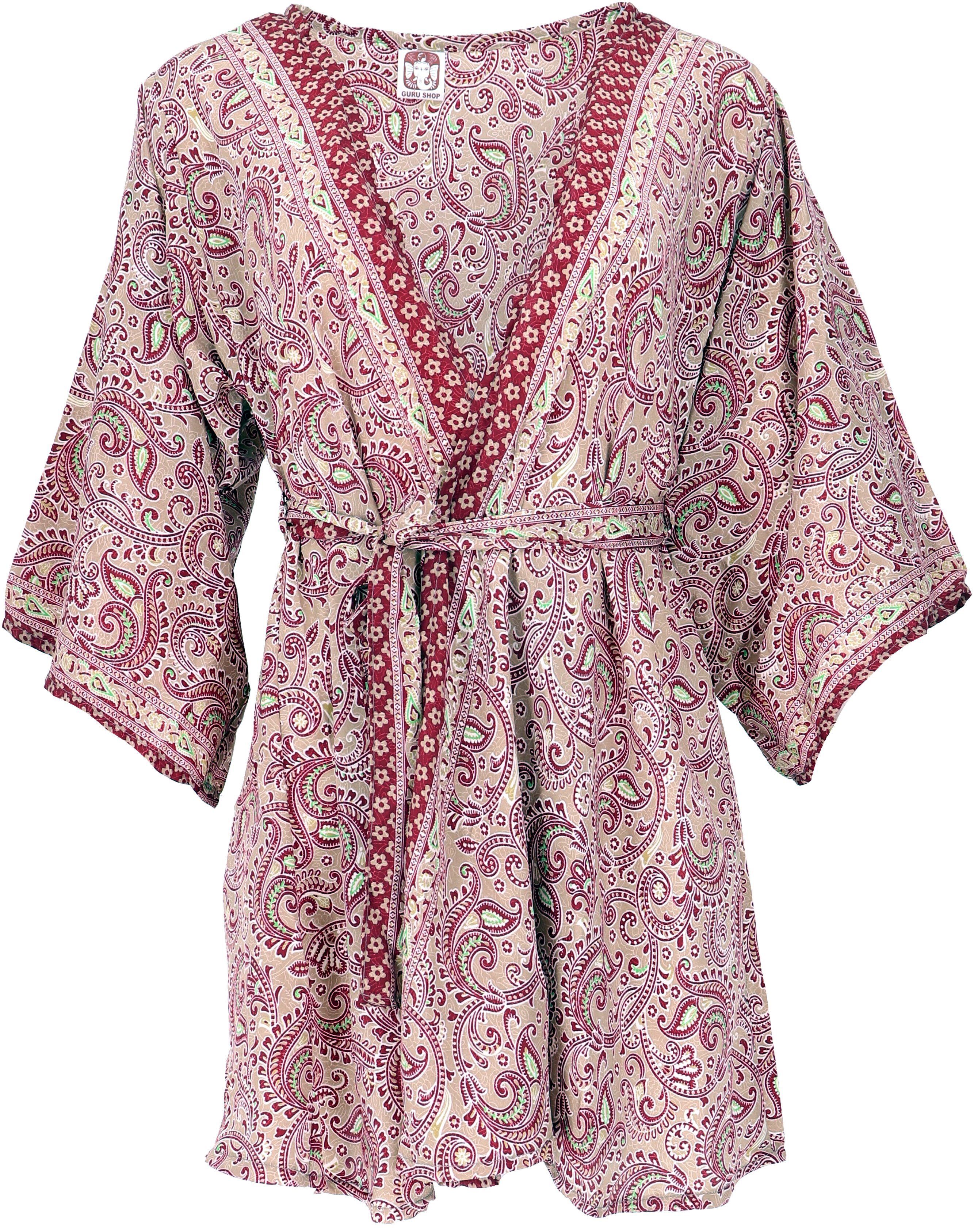 Guru-Shop Kimono Kimonojäckchen, kurzer Boho Kimono, Kimonokleid.., alternative Bekleidung beige/bordeaux