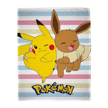 Kinderdecke Super flauschige Pokemon Kuscheldecke "Multi" extra Groß 160x200 cm, Familando, mit Pikachu und Evoli vor gestreiftem Hintergrund