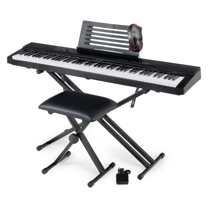 McGrey Home Keyboard SK-88 Keyboard Super Kit - Einsteiger-Keyboard in Stagepiano-Optik mit 88 Tasten - 146 Klänge - inklusive Sustain-Pedal Keyboardständer Hocker und Kopfhörer - schwarz