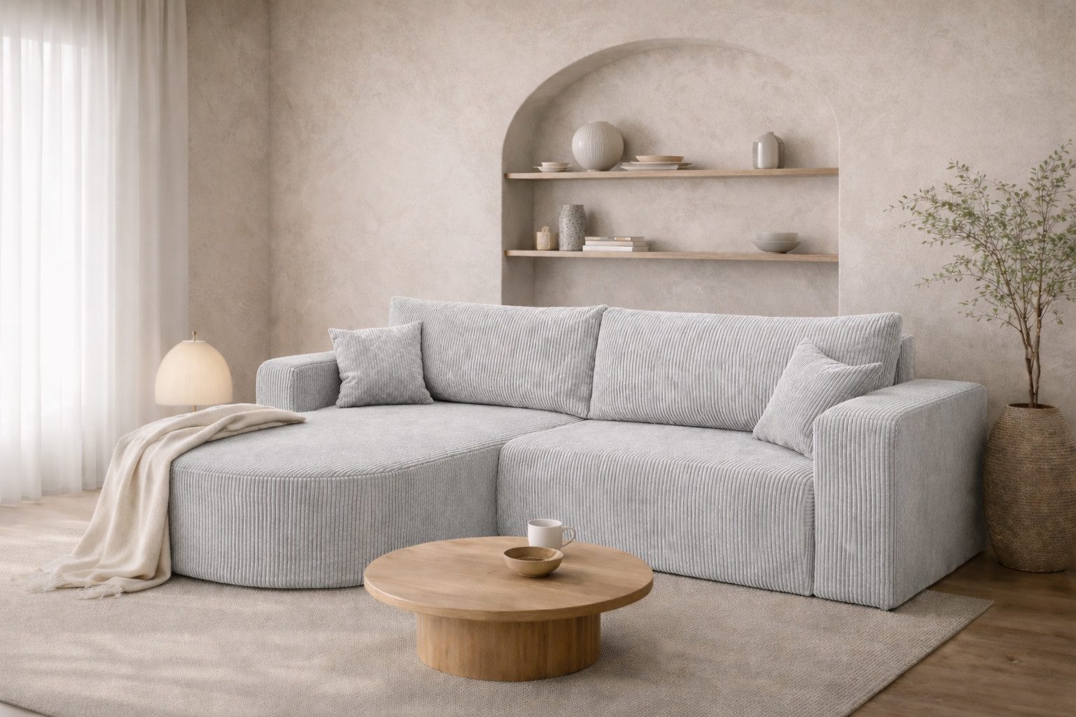 Kaiser Möbel Ecksofa mit Schlaffunktion für Wohnzimmer, Cordstoff Poso, ROUND ONE, abgerundete Form, Liegefunktion, Stauraum, modernes Design