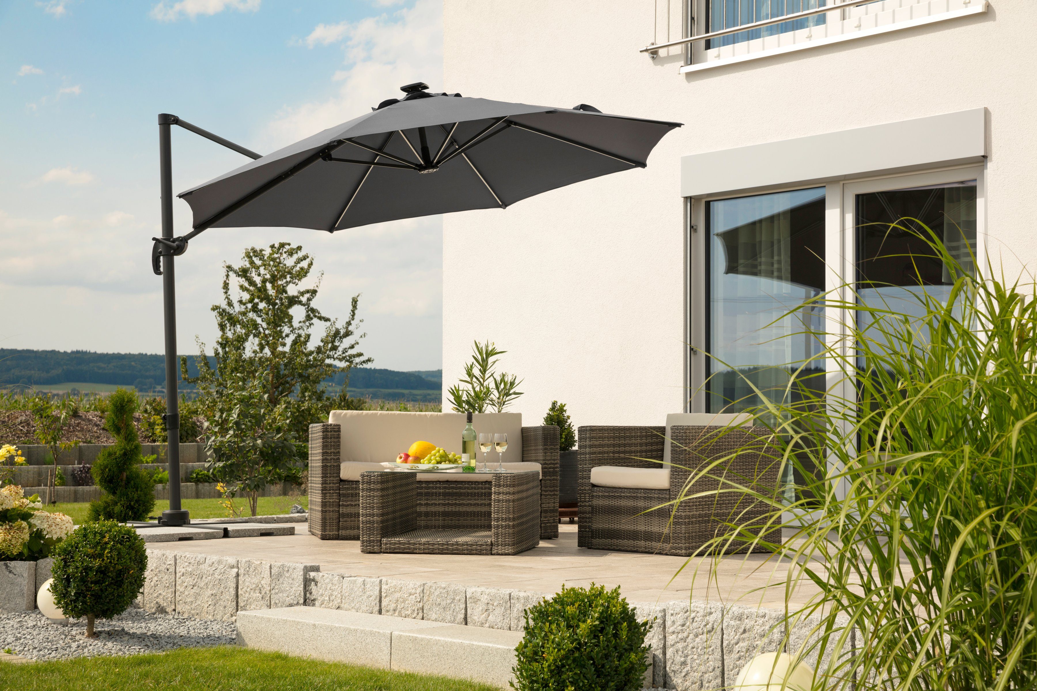 Schneider Schirme Ampelschirm Rhodos Blacklight, mit Schutzhülle und Schirmständer, ohne Wegeplatten