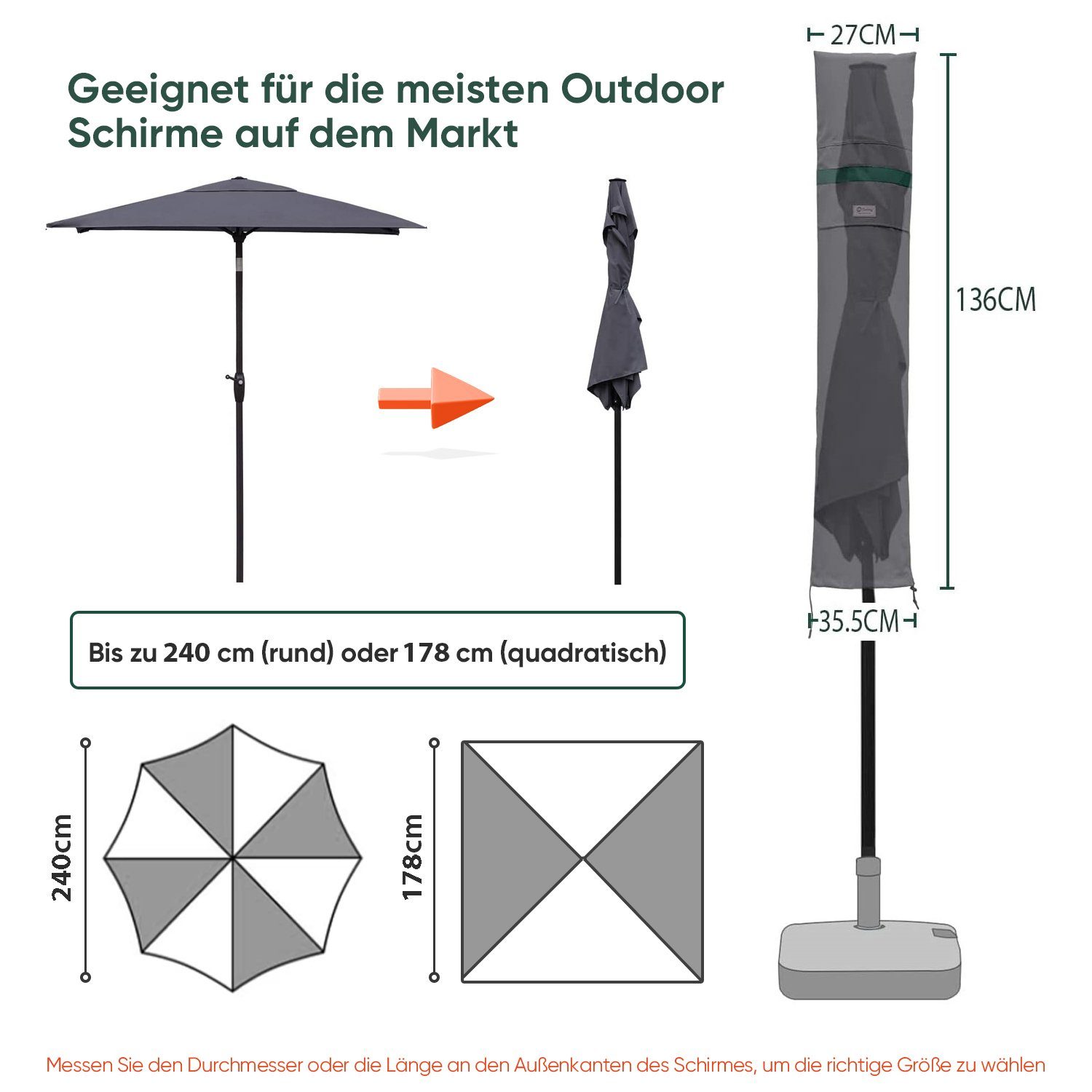 Sekey Sonnenschirm-Schutzhülle Balkonschirm Abdeckhauben Stab zu 178 Sonnenschirme eckige zu cm, 240 mit für cm, Ø Dunkelgrau Sonnenschirme bis Reißverschluss, 200 Ø cm und bis bis