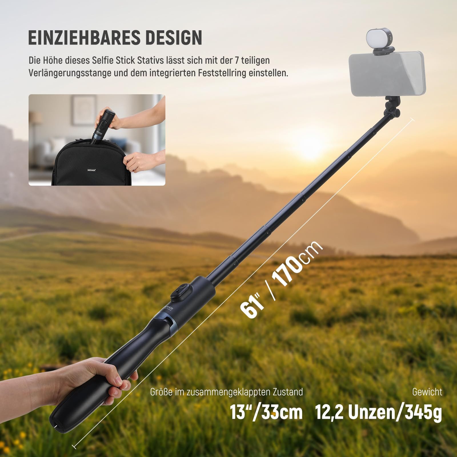 Neewer Selfie-Stick PA987 Selfie Stick Stativ mit Licht, 170cm ausziehbarer Handyhalterung, mit Fernbedienung, 1/4" Gewinde Kaltschuh, für iPhone Samsung Video – Bild 4 von 5