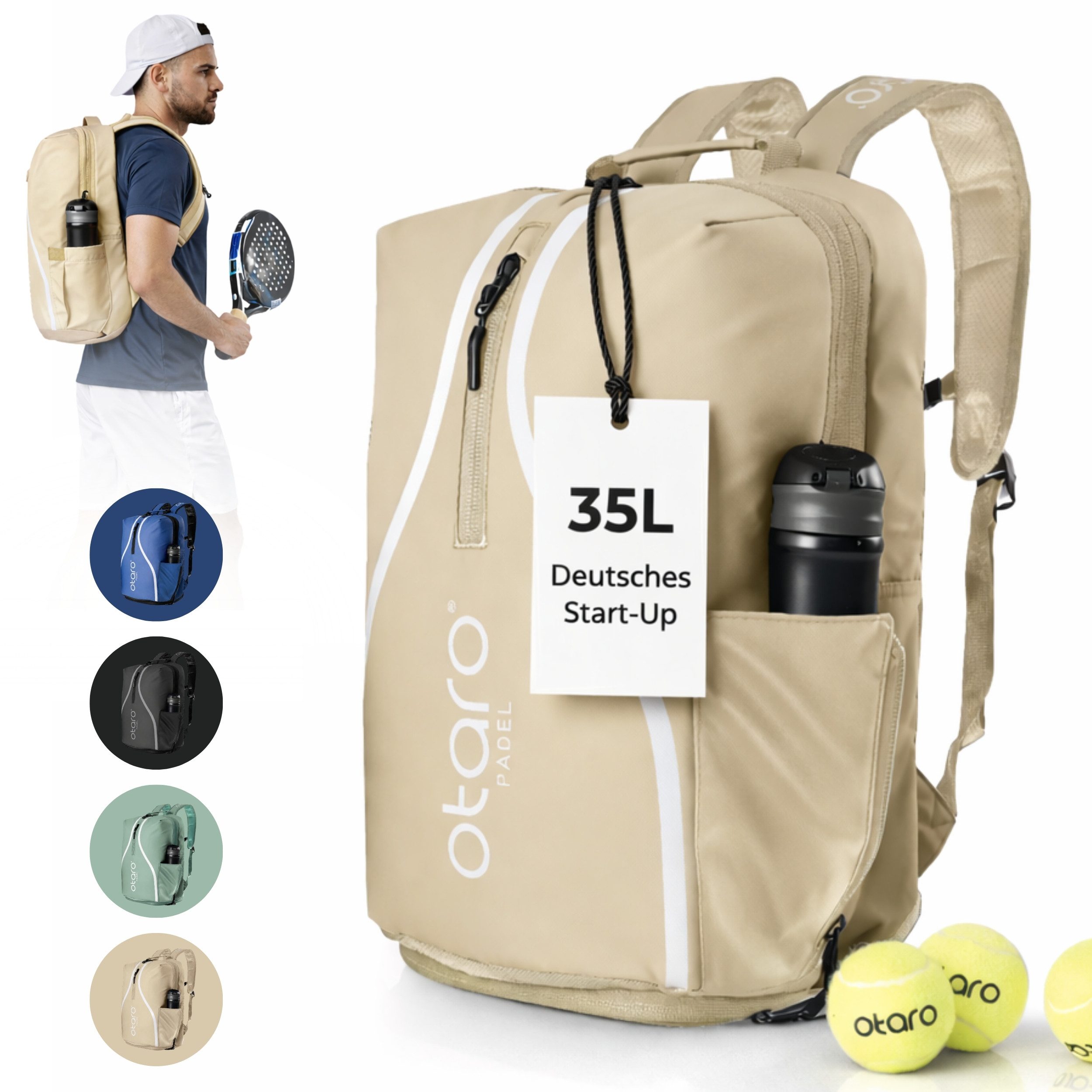 Otaro Tennisrucksack mit Schuhfach (35L), Padelrucksack für 2 Padel Schläger, Padeltasche (Perfekt durchdacht für Padel-Ausrüstung, mit Schlägerfach, Schuhfach, Laptopfach & Getränkehalter), wasserabweisender Padel Rucksack für Herren & Damen