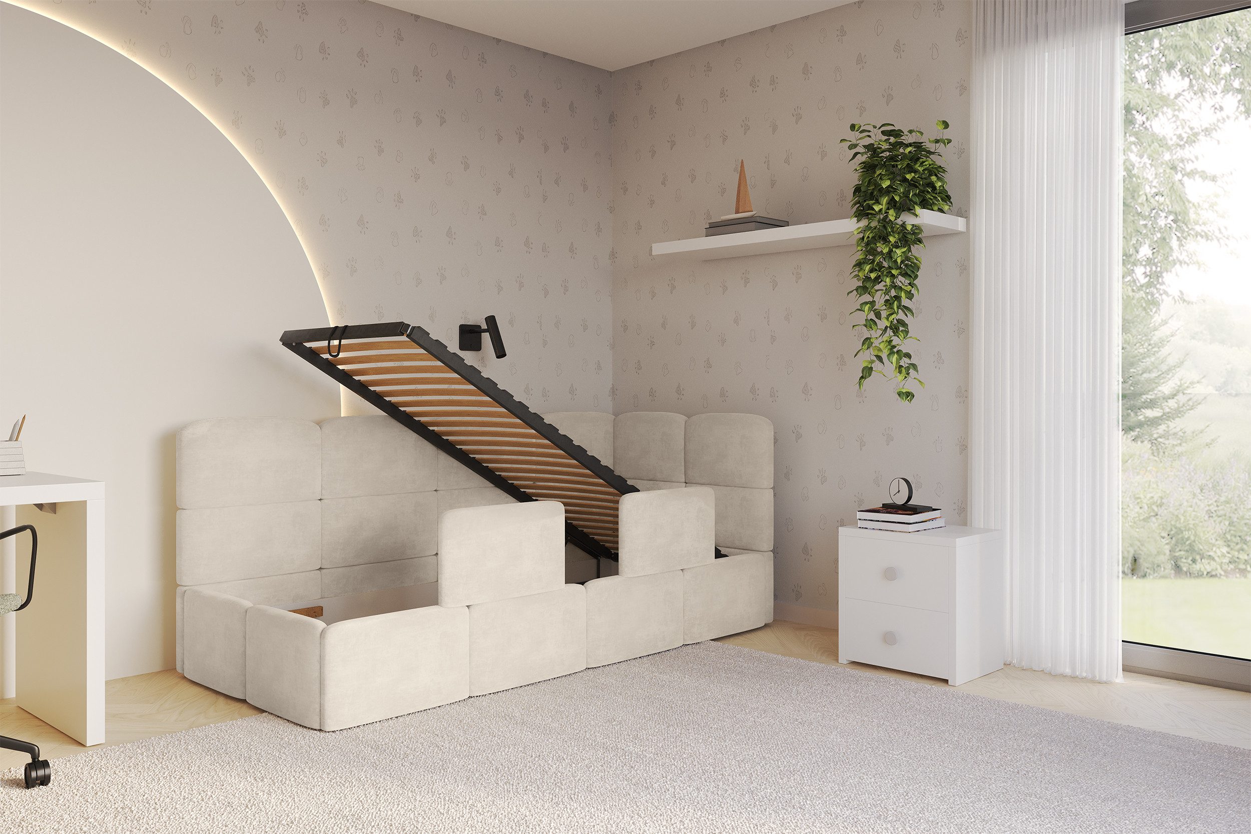 ALTDECOR Jugendbett KIVY (Jugendbett mit Bettkasten und Lattenrost, Polsterbett ohne Matratze), Einzelbett mit Stauraum, Bett mit Kopfteil