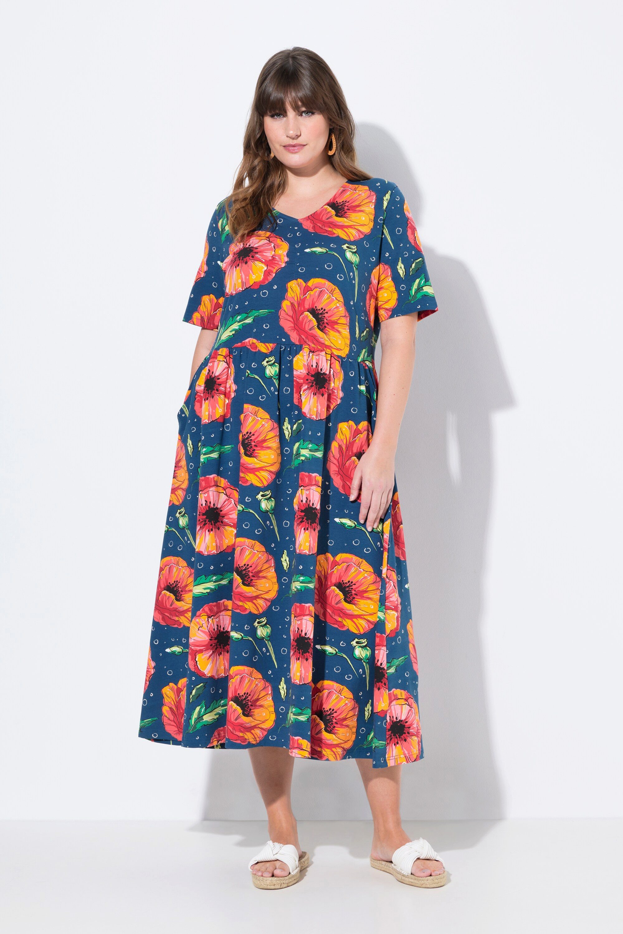Ulla Popken Midikleid Maxikleid Mohn V-Ausschnitt günstig online kaufen