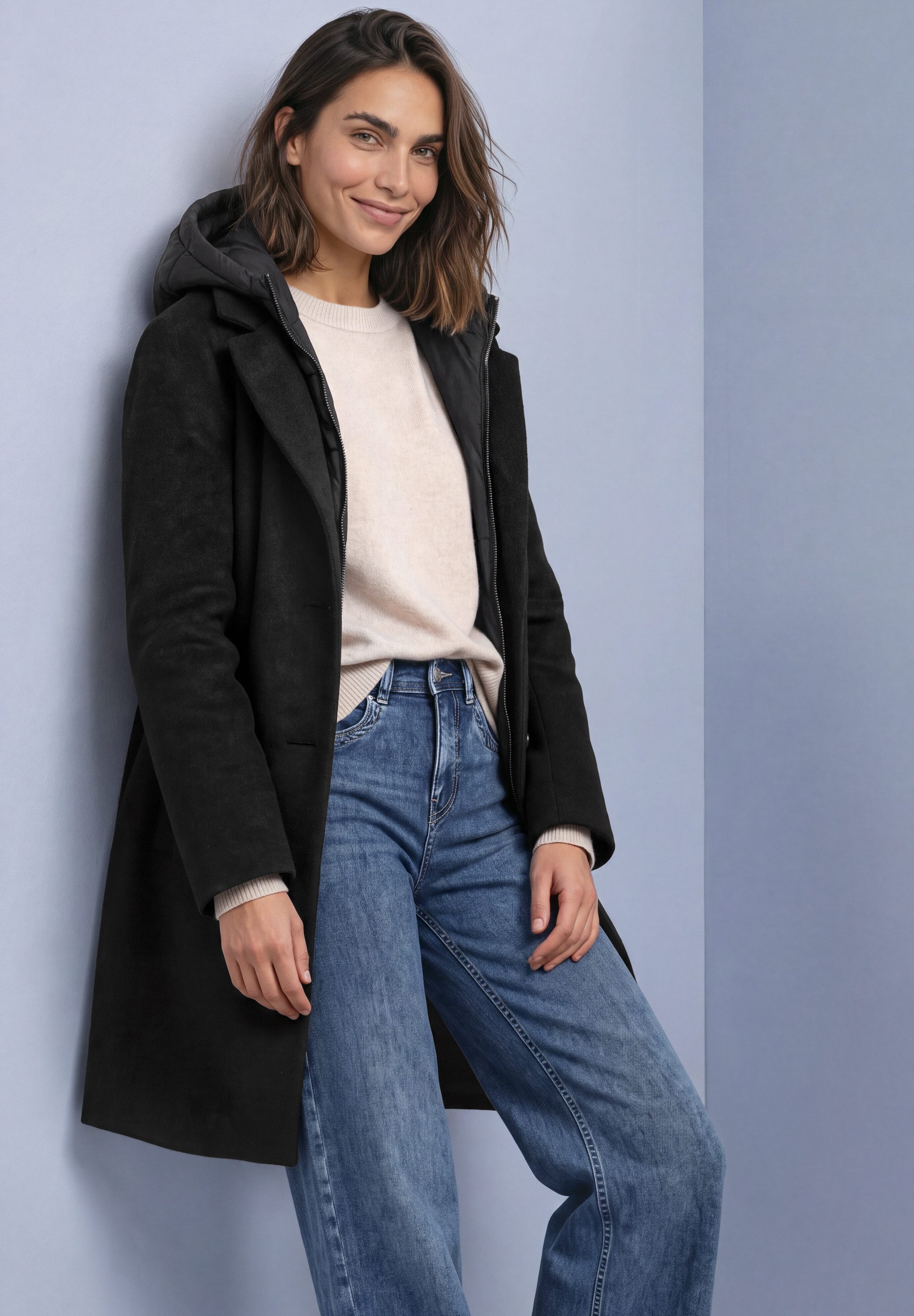 STREET ONE Wolljacke Wollmantel / Reverskragen / mit Kapuze und Reißverschluss