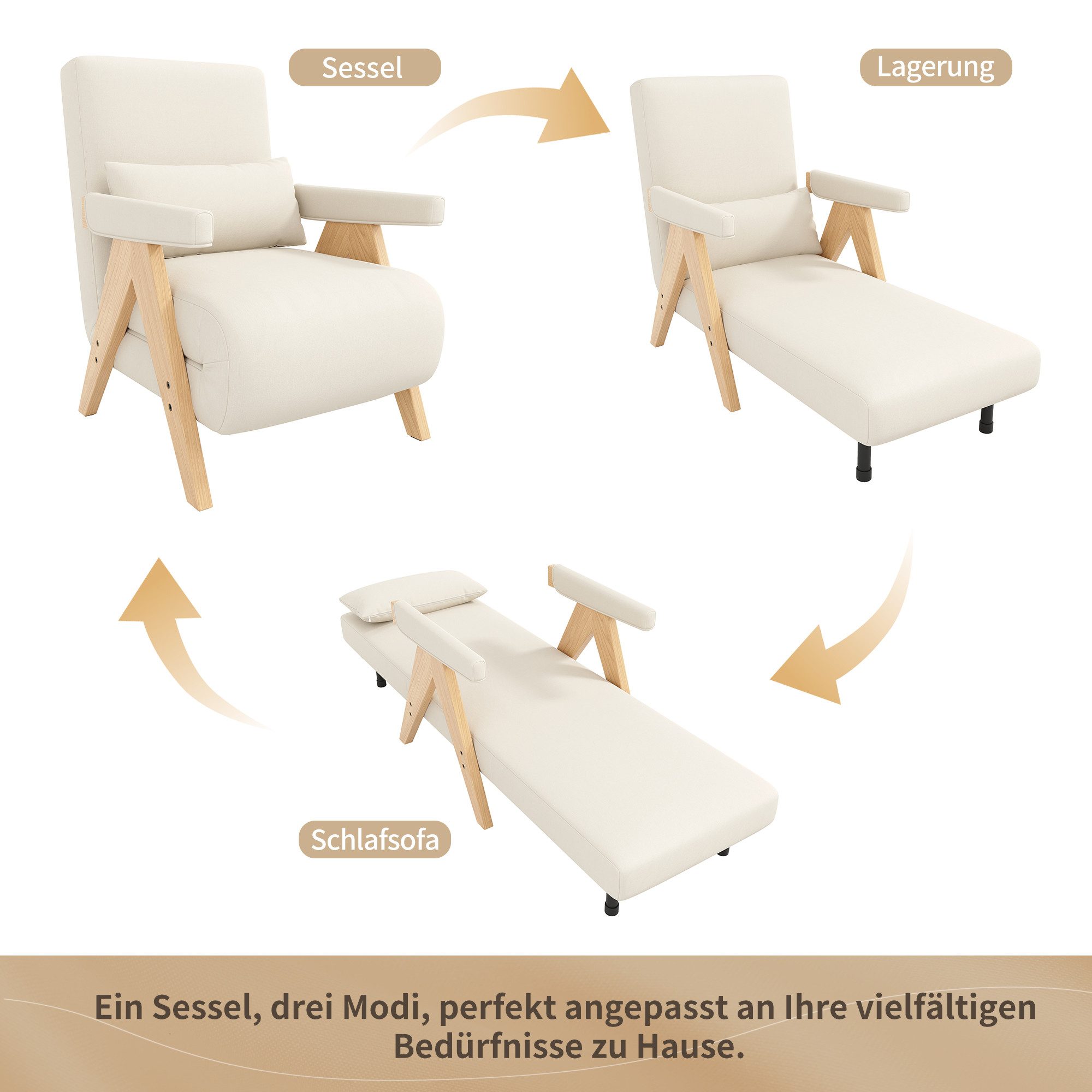 Merax Loungesessel 3-in-1 Klappbarer Umbausessel mit Schlaffunktion (6-fach verstellbare Rückenlehne, 1-St., Polstersessel Einzelsessel Einzelbett), Schlafsesse – Bild 4 von 5