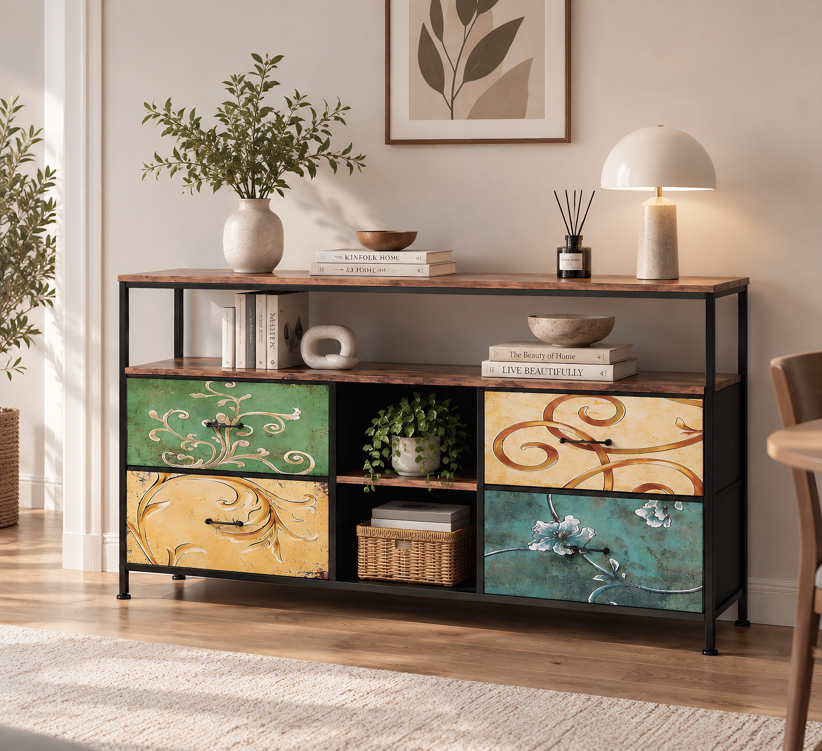 Simurq TV-Schrank Lowboard TV-Bank, mit LED und Schubladen und offenen Regalen (1er Set) mit LED und 4 Schubladen und 2 offenen Regalen, 108x29.8x76.8