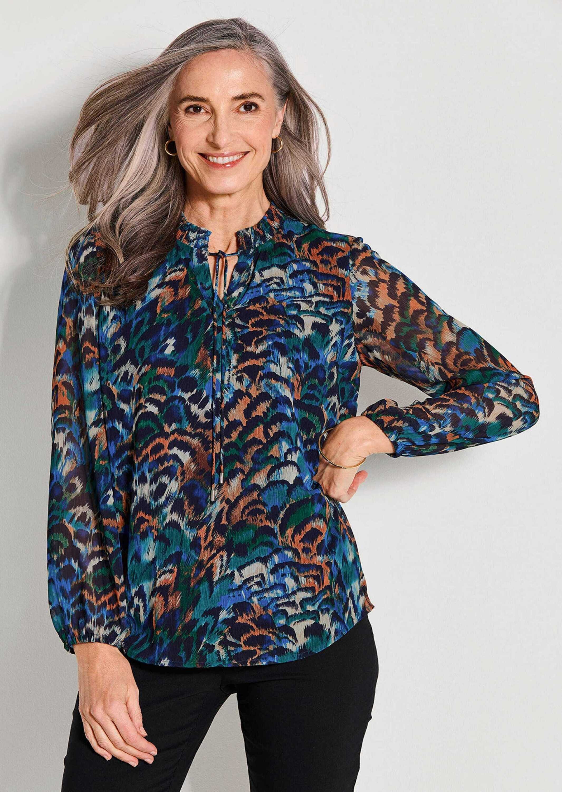 GOLDNER Schlupfbluse Leichte Jersey-Druckbluse, Langarm Schlupfbluse mit gesmoktem Kragen, Bindebändern und Langarm