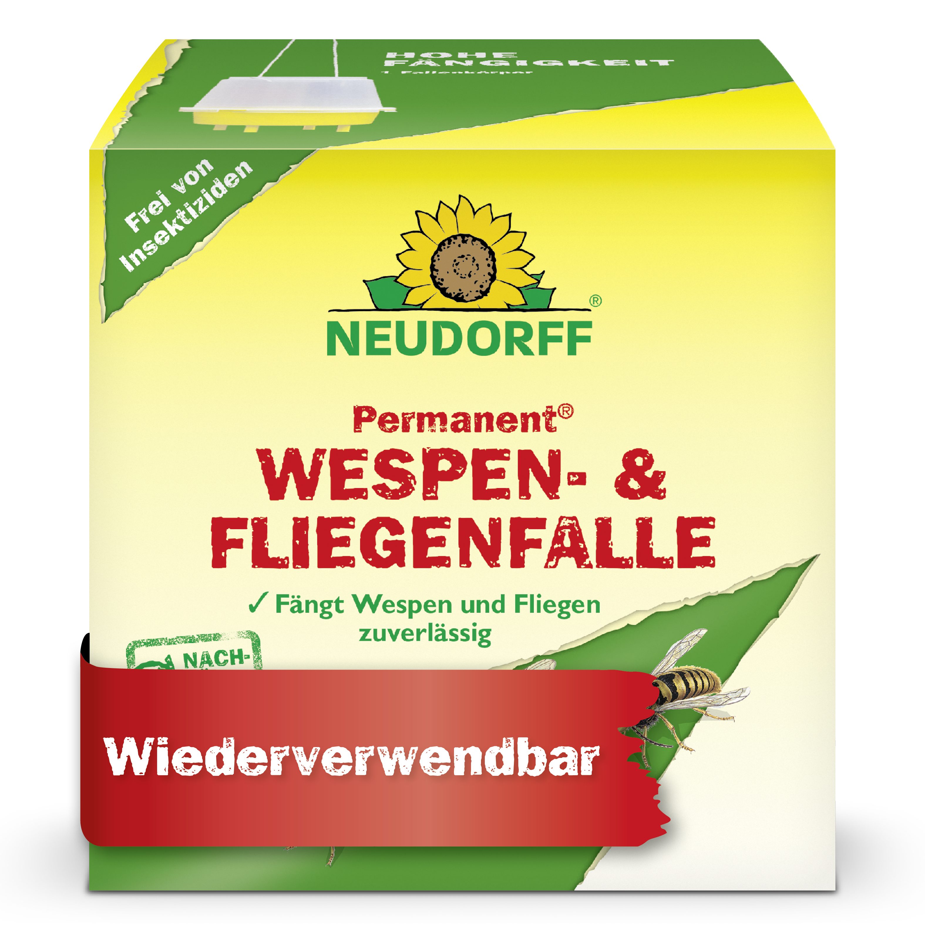 Neudorff Insektenfalle Permanent Wespen- und Fliegen Lockstation, wiederverwendbar, 1 Stück, flexibel aufstell- oder aufhängbar mit Füllstandskontrolle