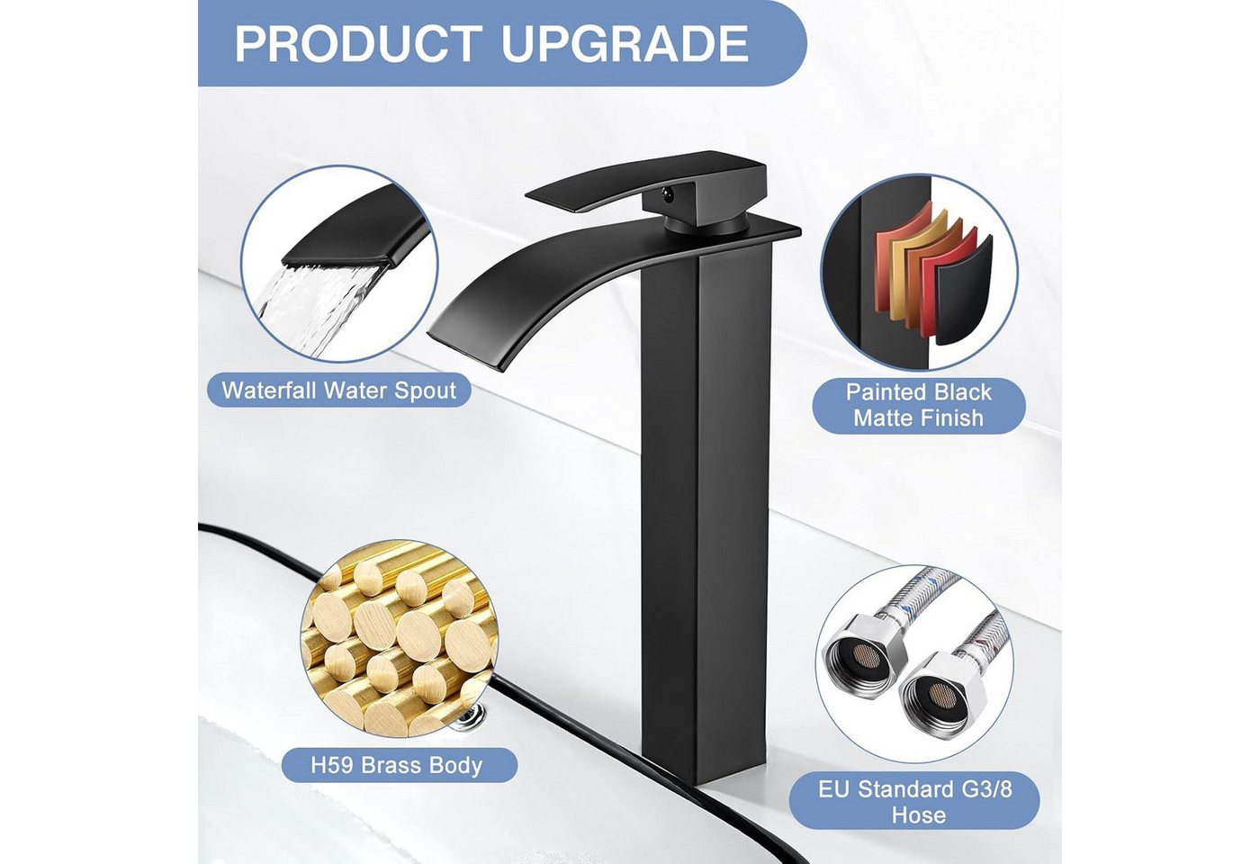 Thumbnail - LuxusKollektion Waschtischarmatur Wasserfall Waschtischarmatur Schwarz Matt 235mm - Modernes Hoch