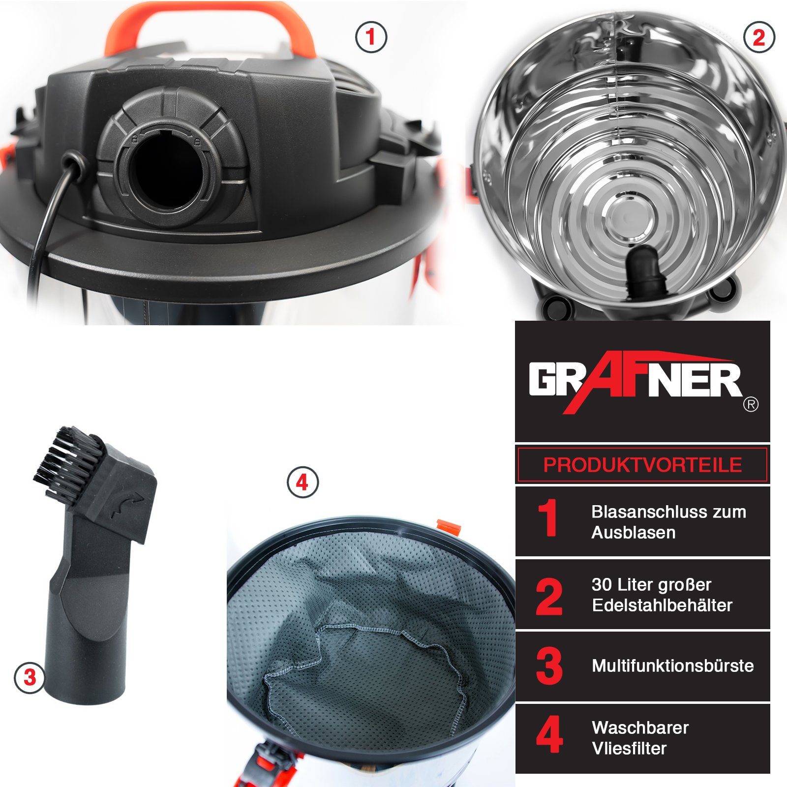 Grafner® Zubehör Nass-Trocken-Sauger Trockensauger Industriesauger beutellos, Grafner und 1200W umfangreiches 30L, Nass-