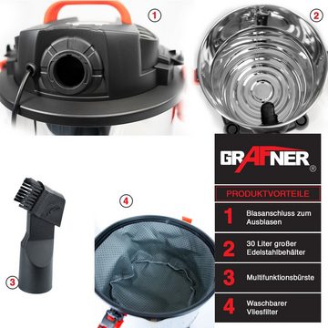 Grafner Nass-Trocken-Sauger Grafner® Nass- und Trockensauger Industriesauger 1200W 30L, beutellos, umfangreiches Zubehör