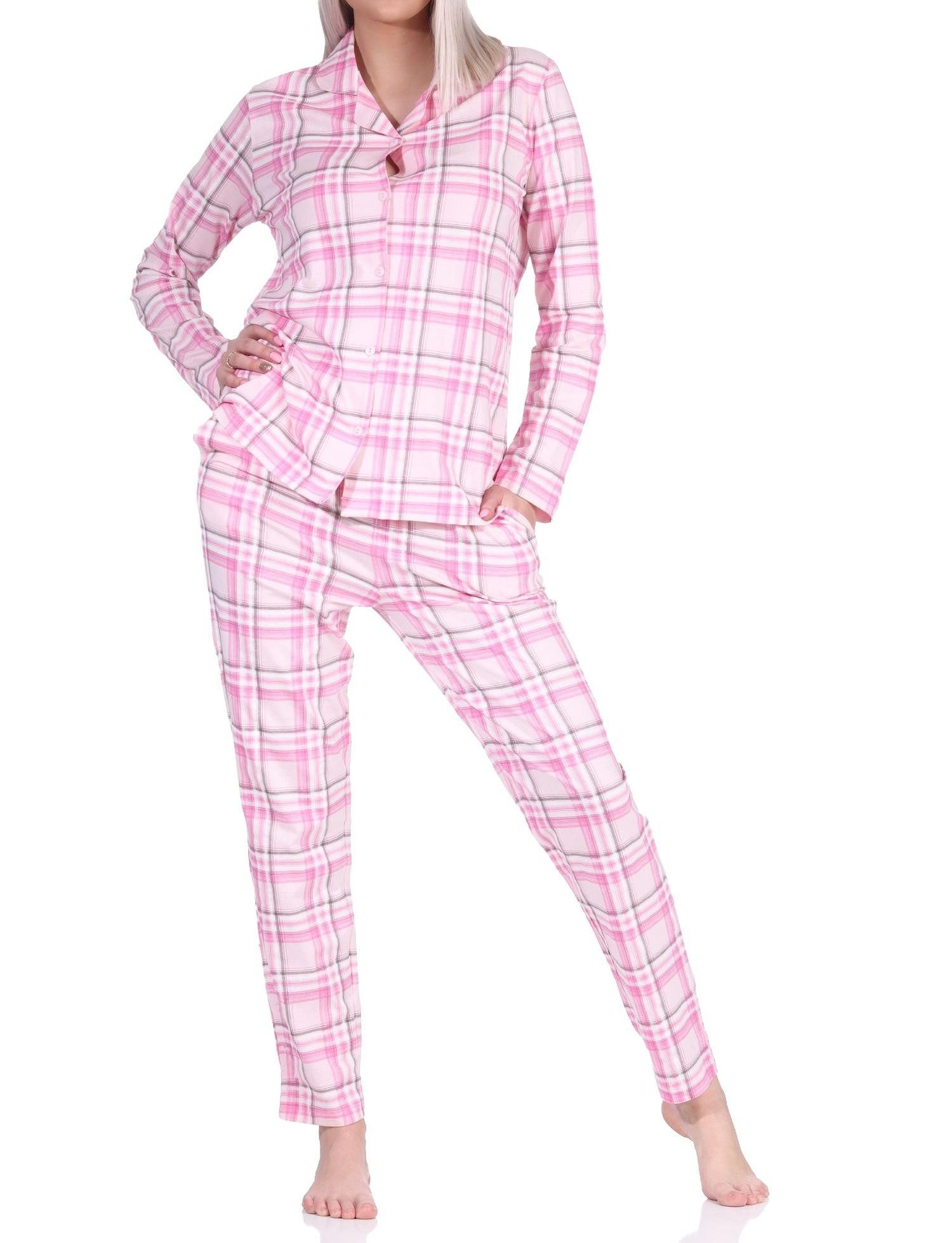Normann Pyjama Damen Pyjama aus Single Jersey zum durchknöpfen in Karo Optik