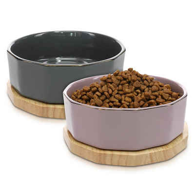 Navaris Napf-Set, Keramik, Fressnapf Futternapf Set aus Keramik - 2x Hundenapf Katzennapf Futterschale mit Unterlage aus Eichenholz - Fressnäpfe für Hunde und Katzen
