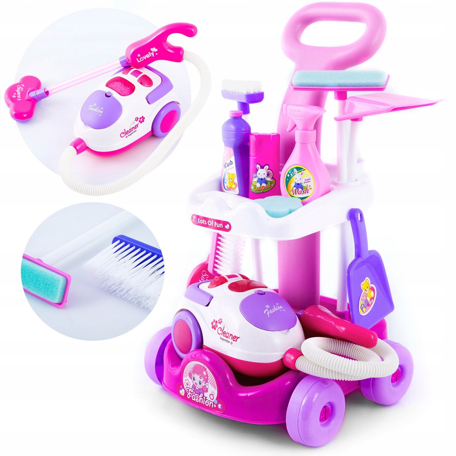 kinderplay Kinder-Staubsauger Kinder Reinigungsset mit Staubsauger – Lernspiel – Zubehörwagen, (Reinigungsset mit Staubsauger und Zubehör), mit Licht und Sound