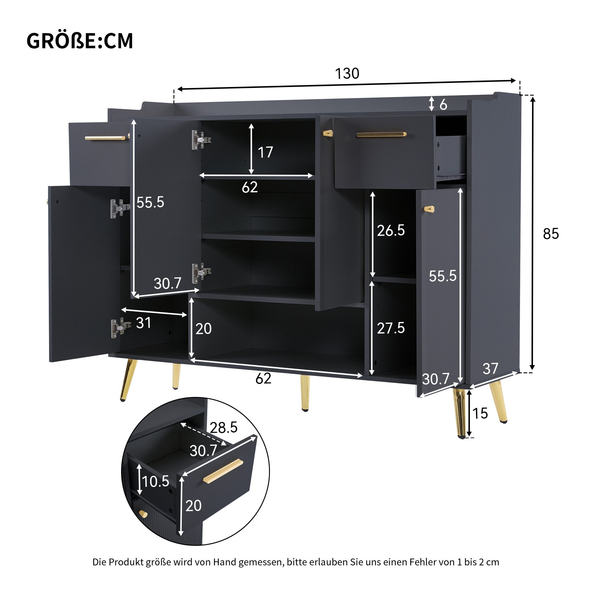 Flieks Schuhschrank Schuhkommode mit 2 Schubladen und 4 Türen (1-St., B130/W37/H100 cm) Schuhregal mit vertellbare Einlegeböden und 8 Fächern, Metallbeine – Bild 4 von 5
