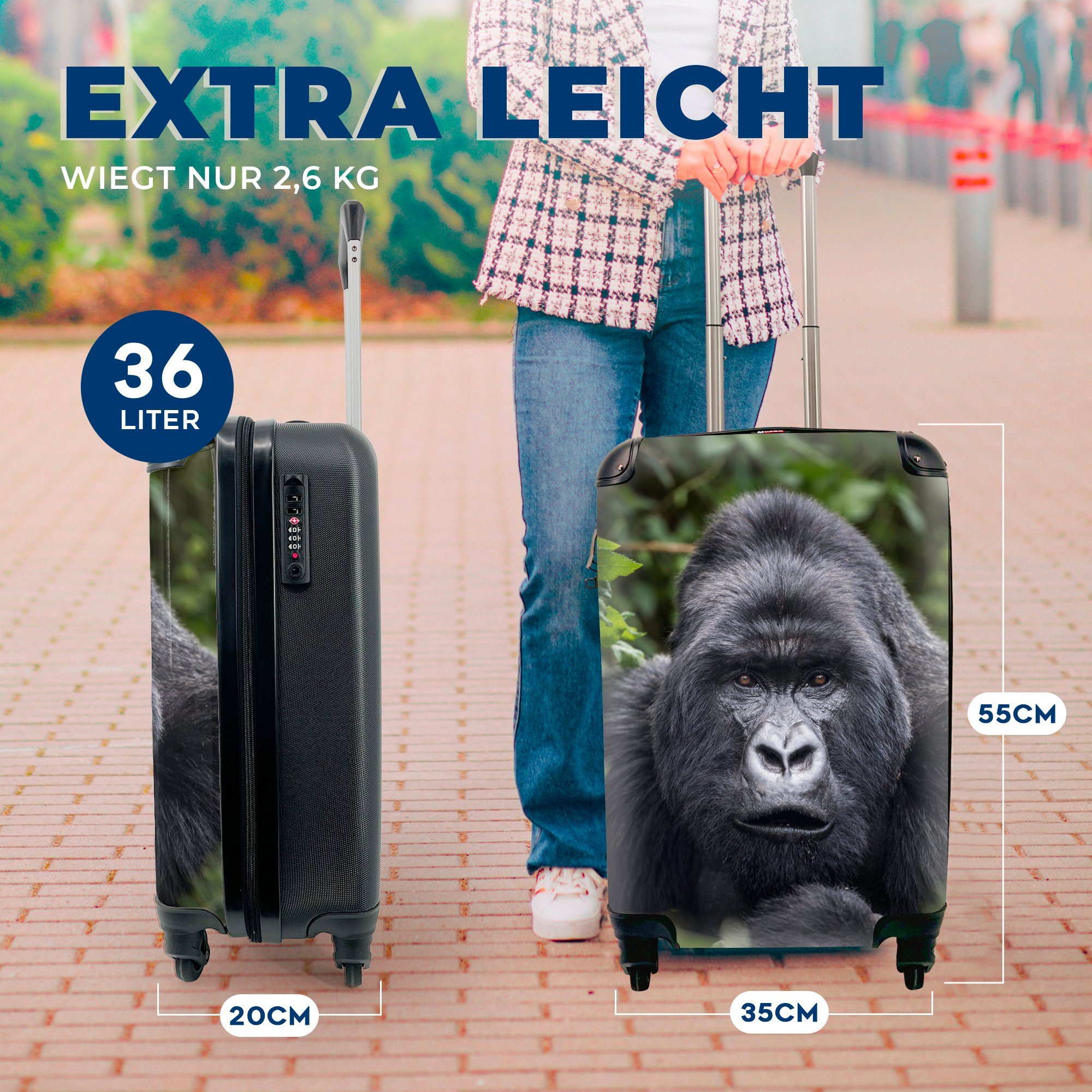 MuchoWow Handgepäckkoffer Gorilla schaut mit 4 rollen, perlweißen Kamera, Rollen, Reisekoffer Trolley, in Augen mit die für seinen Reisetasche Ferien, Handgepäck