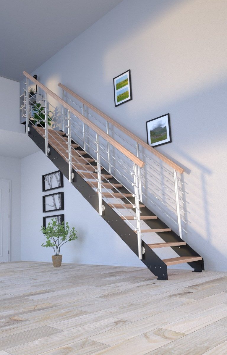 Starwood Raumspartreppe Stahltreppe KOS in schwarz (Buche geölt) mit Designgeländer und 14