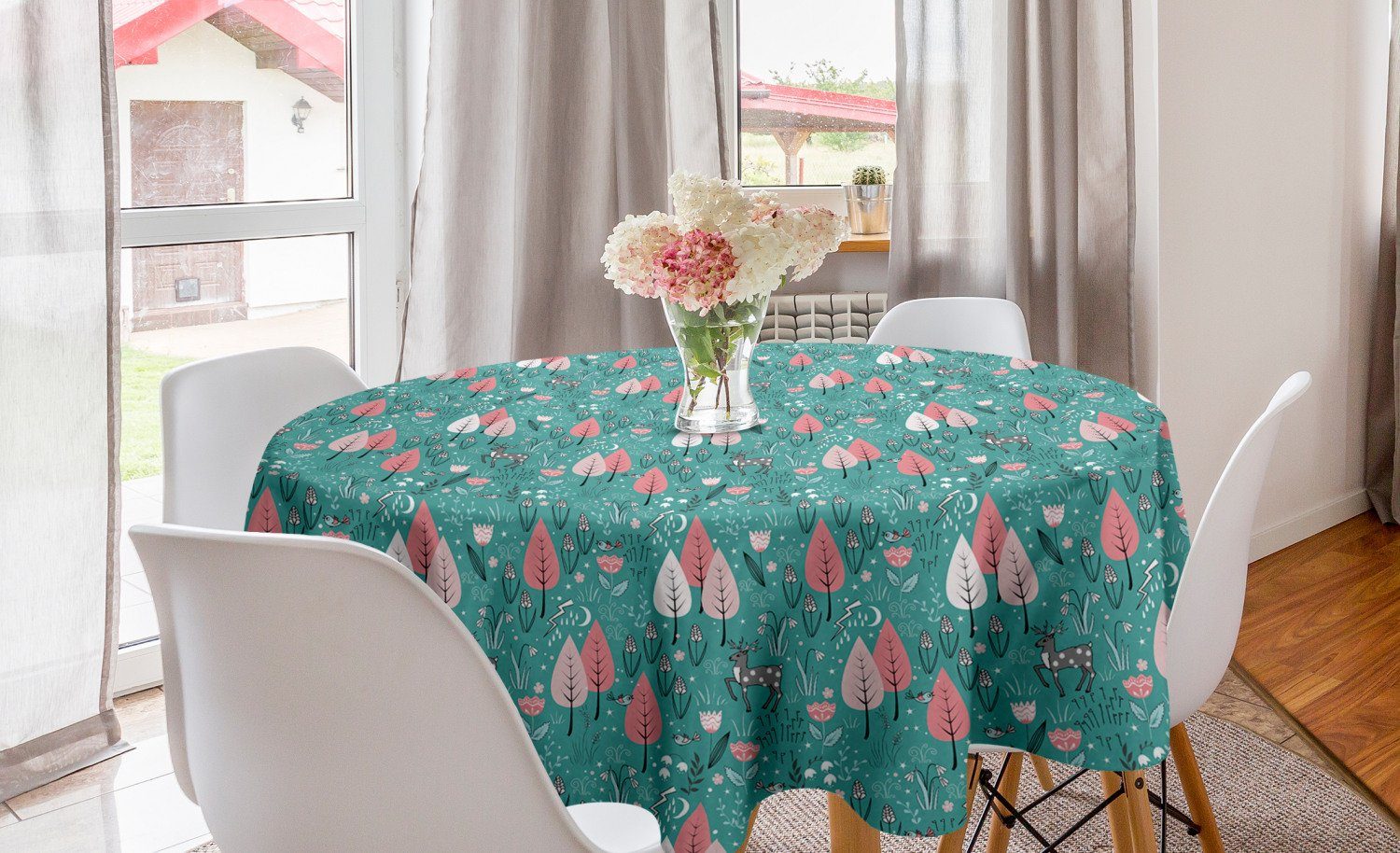 Abakuhaus Tischdecke Kreis Tischdecke Abdeckung für Esszimmer Küche Dekoration, holzig Deer Vögel Blumen Bäume