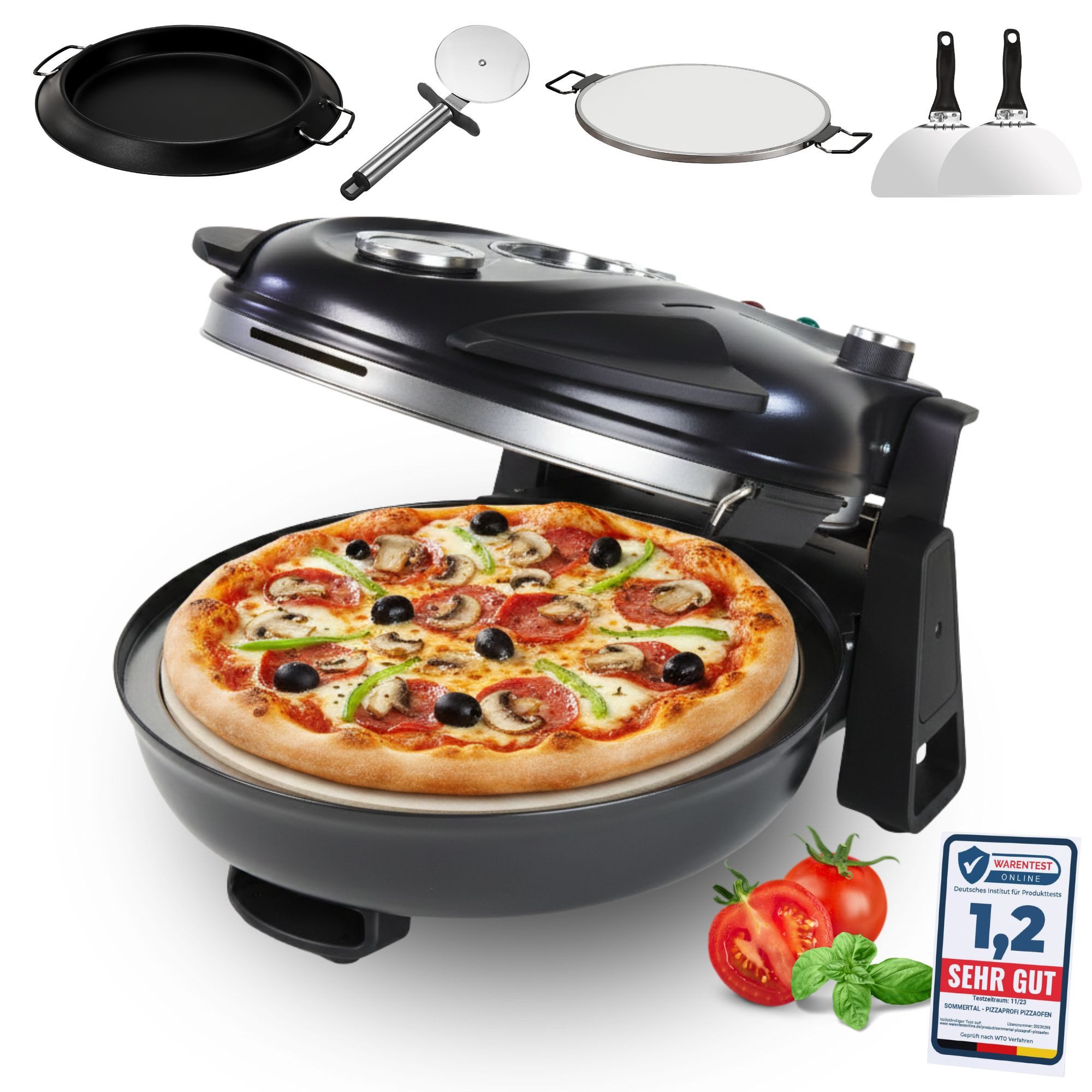 Sommertal Pizzaofen Sommertal PizzaProfi Pizzaofen, 32cm Pizzastein, mit Pfanneneinsatz, 2x Pizzaschieber, Pizzaschneider, Steinplatte