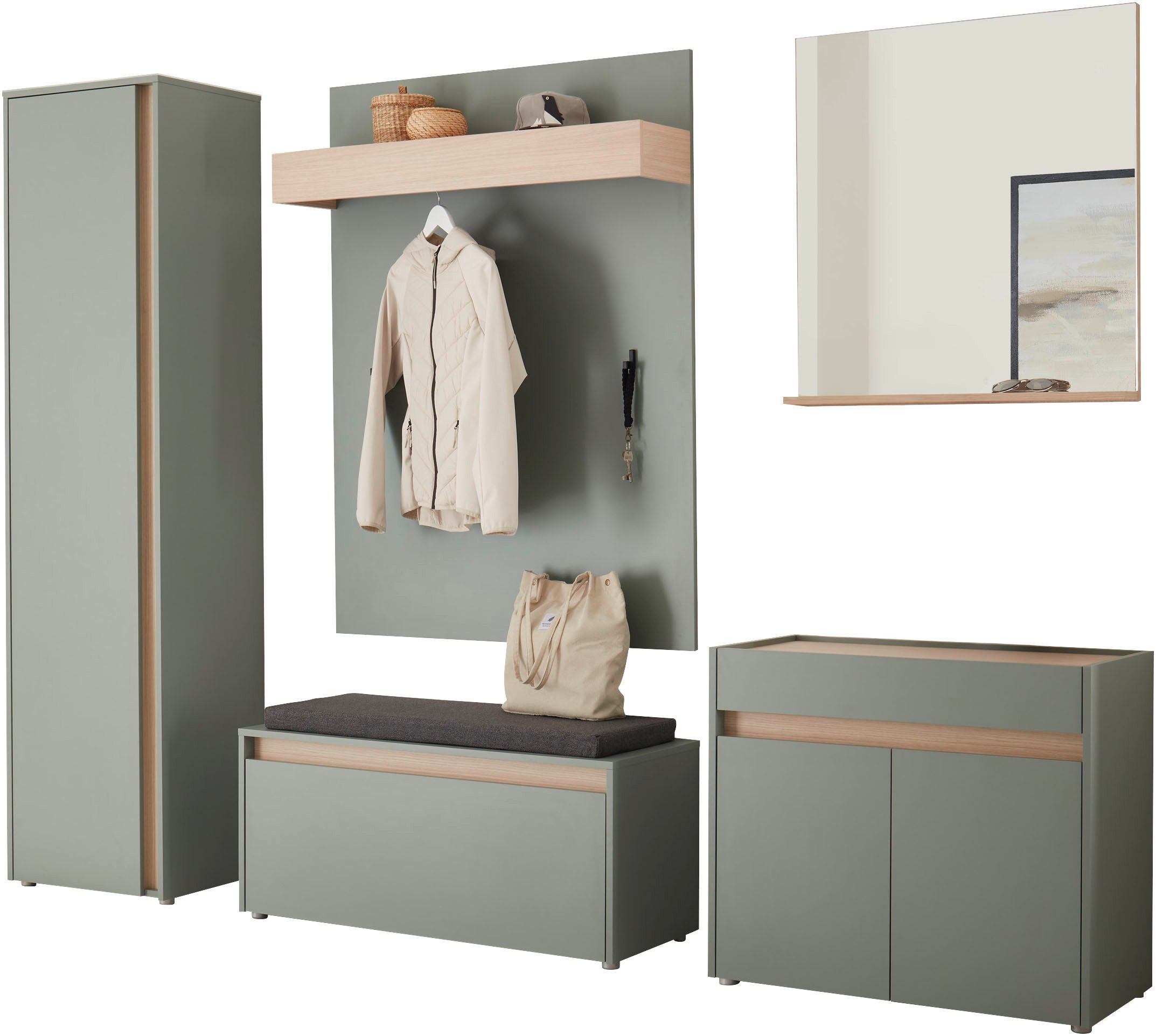 Home affaire Garderoben-Set GIRON/CiTY, moderne Garderobe, Komplettset mit viel Stauraum, (Komplett-Set, 5-St), enthält Schrank, Kommode, Spiegel, Paneel & Schuhbank +Sitzkissen