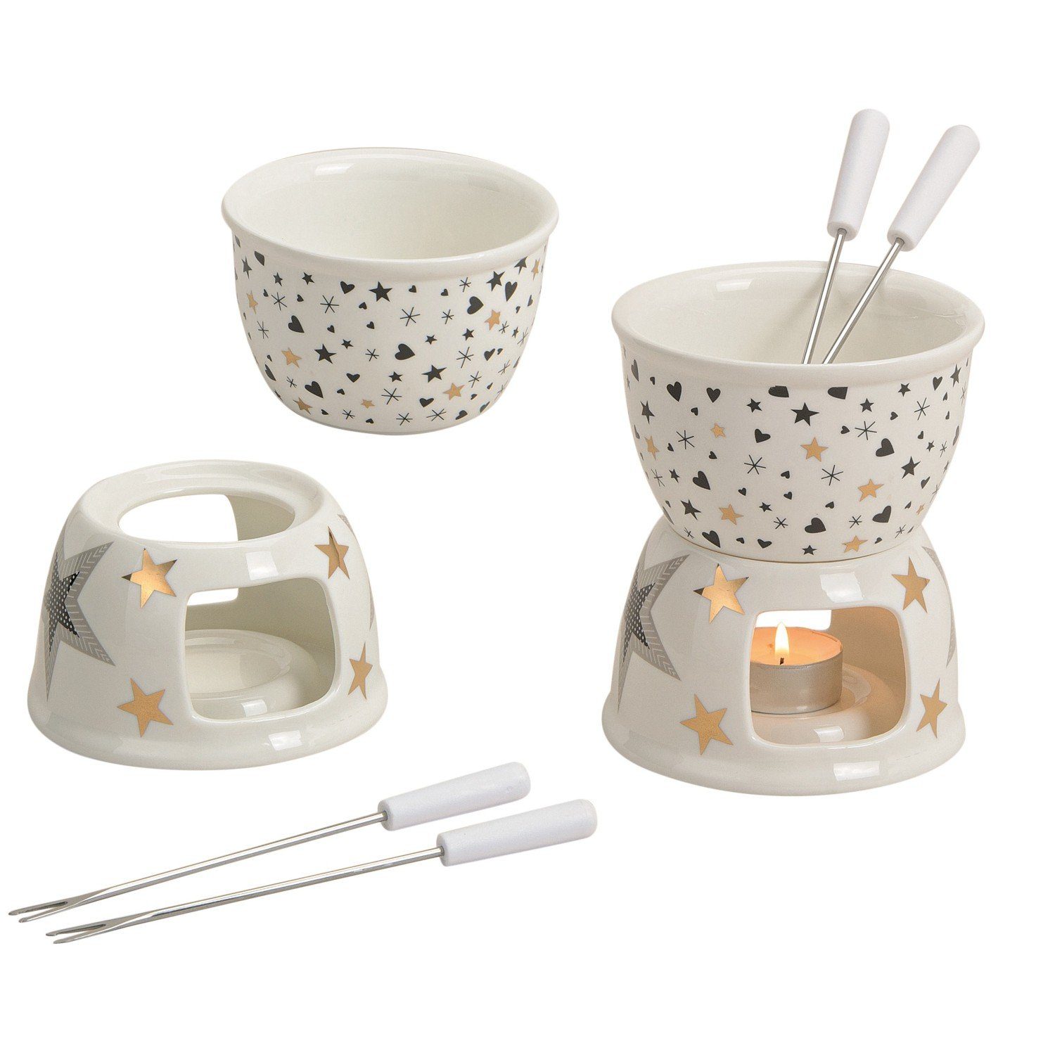 Wurm Fondue Schokoladenfondue Set Stern/Herz Dekor aus Porzell