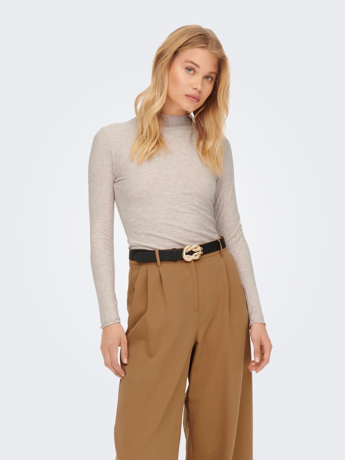 ONLY T-Shirt Dünnes Langarm Shirt Stehkragen Longsleeve ONLEMMA (1-tlg) 3878 in Beige