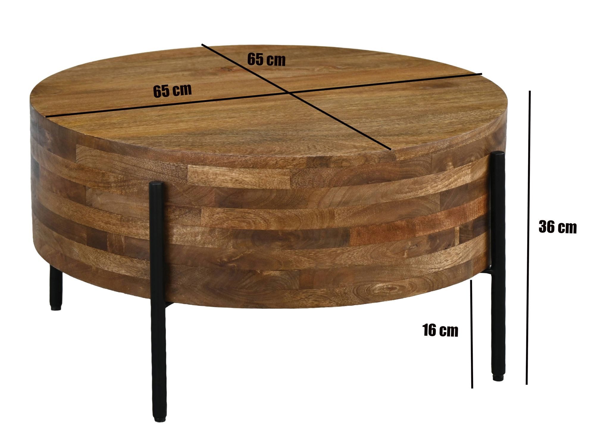 FINEBUY Couchtisch FB117907 Sofatisch Massivholz Rund 70cm Wohnzimmertisch Beistelltisch (Stabiler Sofatisch mit dunklen Metallbeinen), Pflegeleichte Oberfläche aus echtem Mangoholz