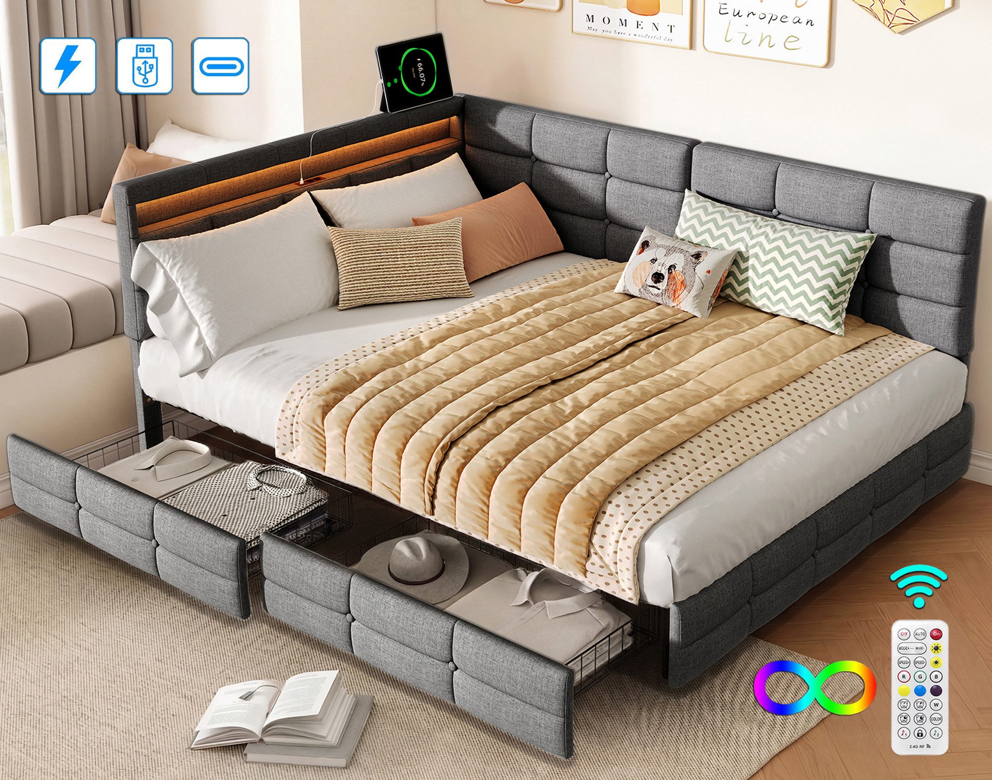 ADWOLT Schlafsofa Daybett Polsterbett Mit LED-Licht und USB-Anschluss, Set 1 Teile, 140x190 cm,Mit 2 Schubladen,Leinenstoff-Grau