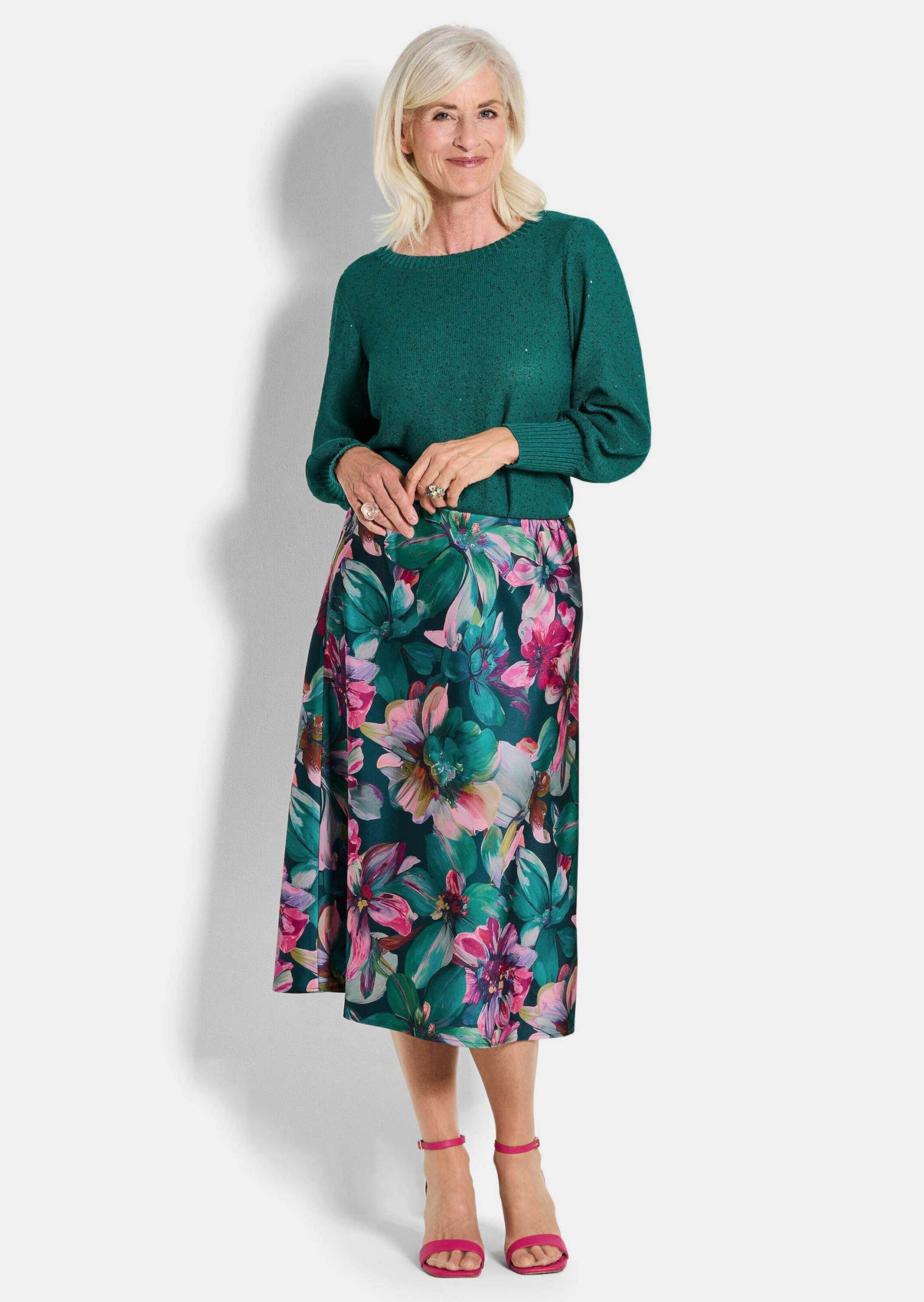 GOLDNER Schlupfrock Eleganter A-Linienrock, floraler Print Midirock aus schimmerndem Satin mit elastischem Bund, verschlusslos