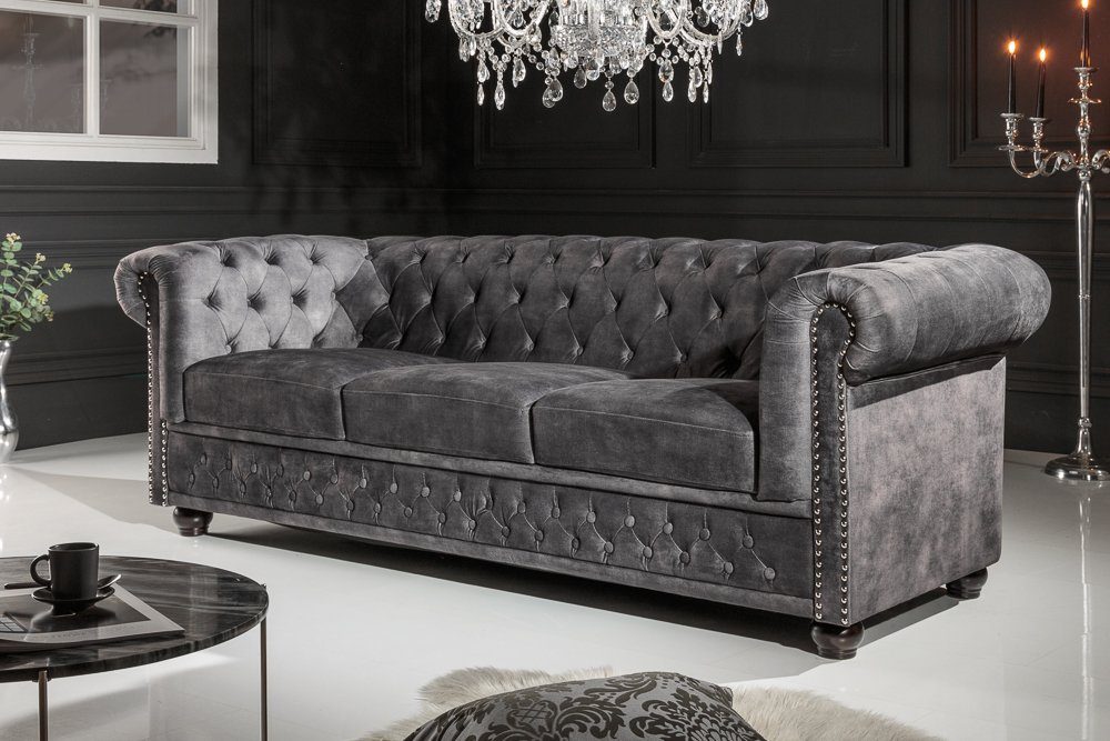 riess-ambiente 3-Sitzer CHESTERFIELD 205cm grau, · Federkern Teile, Wohnzimmer Sofa Samt · 1 · Einzelartikel