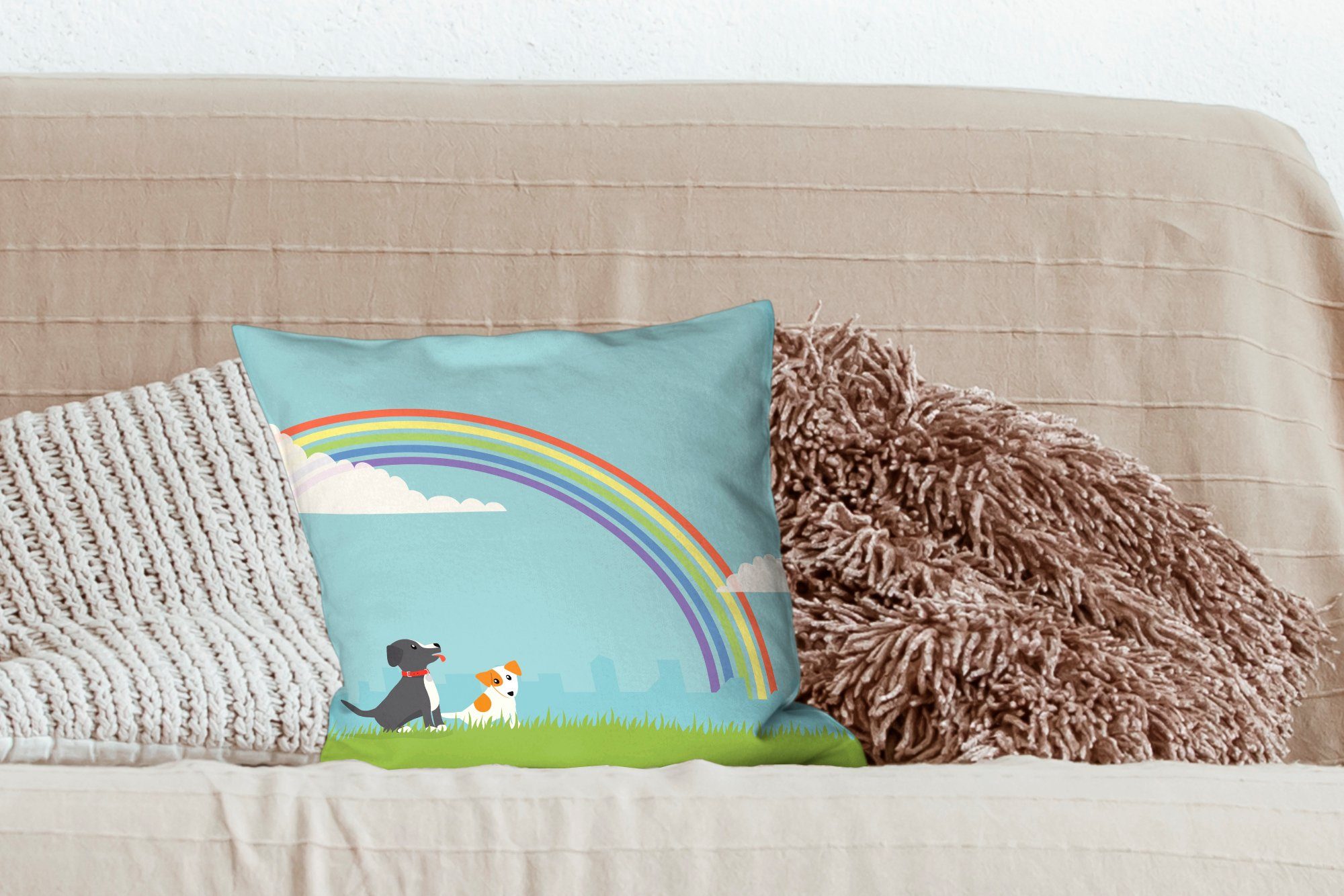 Wohzimmer, Sofakissen für Dekokissen von MuchoWow Illustration Regenbogen, zwei unter Deko, Eine Zierkissen Schlafzimmer, Hunden Füllung einem mit