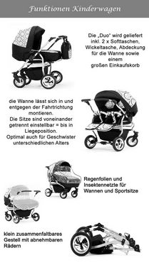 Elcar Zwillings-Kombikinderwagen Duo 4 in 1 inkl. Sportsitze und Autositze in 20 Farben