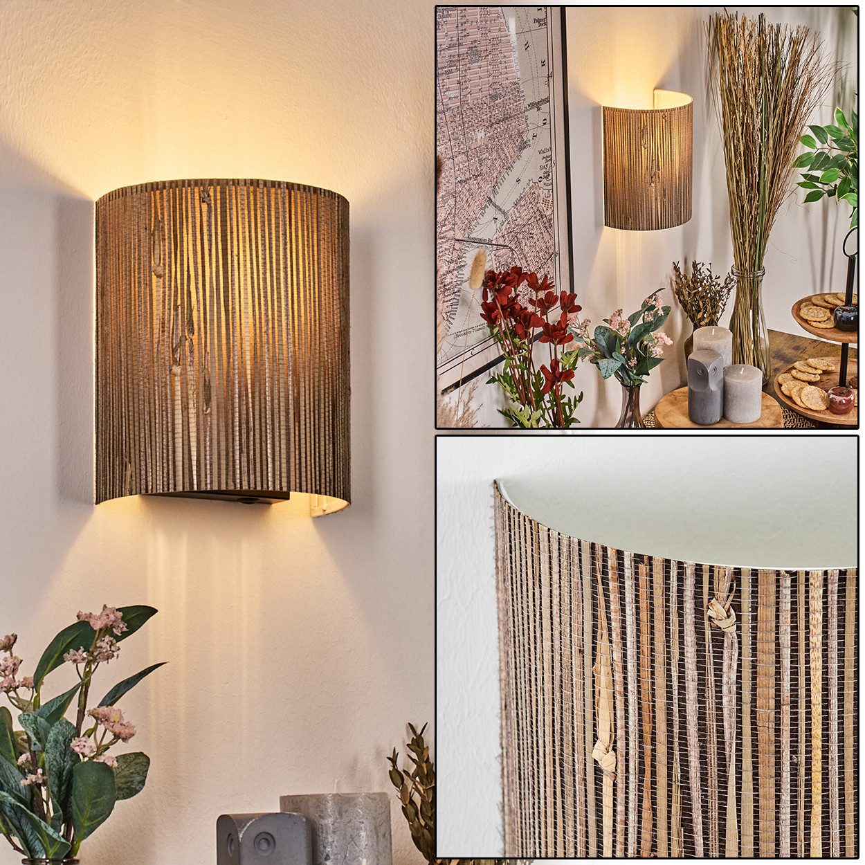 hofstein Wandleuchte Wandlampe aus Metall/Seegras in Schwarz/Weiß/Naturfarben/Grau, Leuchte im Boho-Design mit Lichteffekt und Schalter am Kabel, E27