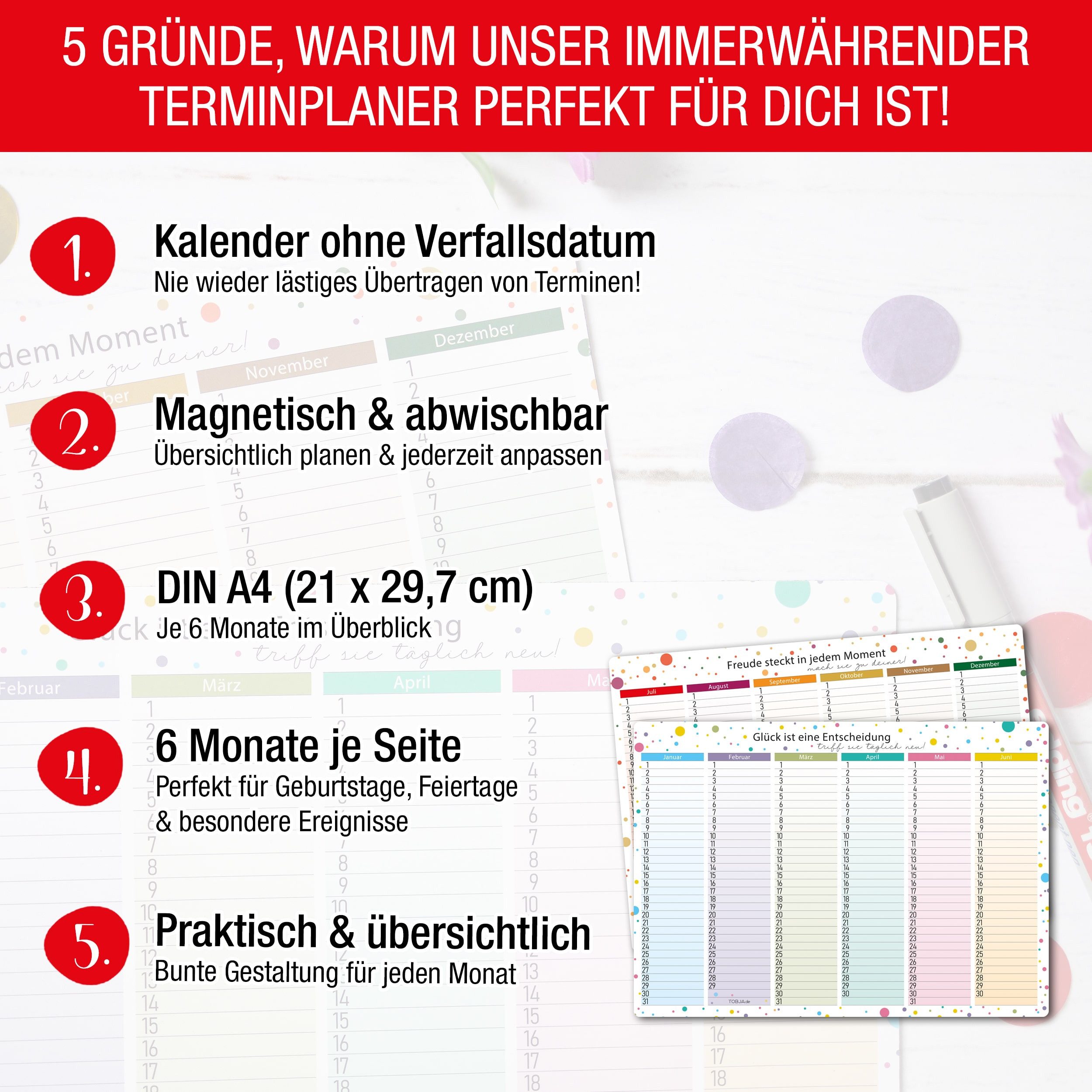TOBJA Geburtstagskalender 2x A4 Immerwährender Kalender magnetisch abwischbar, Jahresunabhängig Geburtstagskalender wiederverwendbar