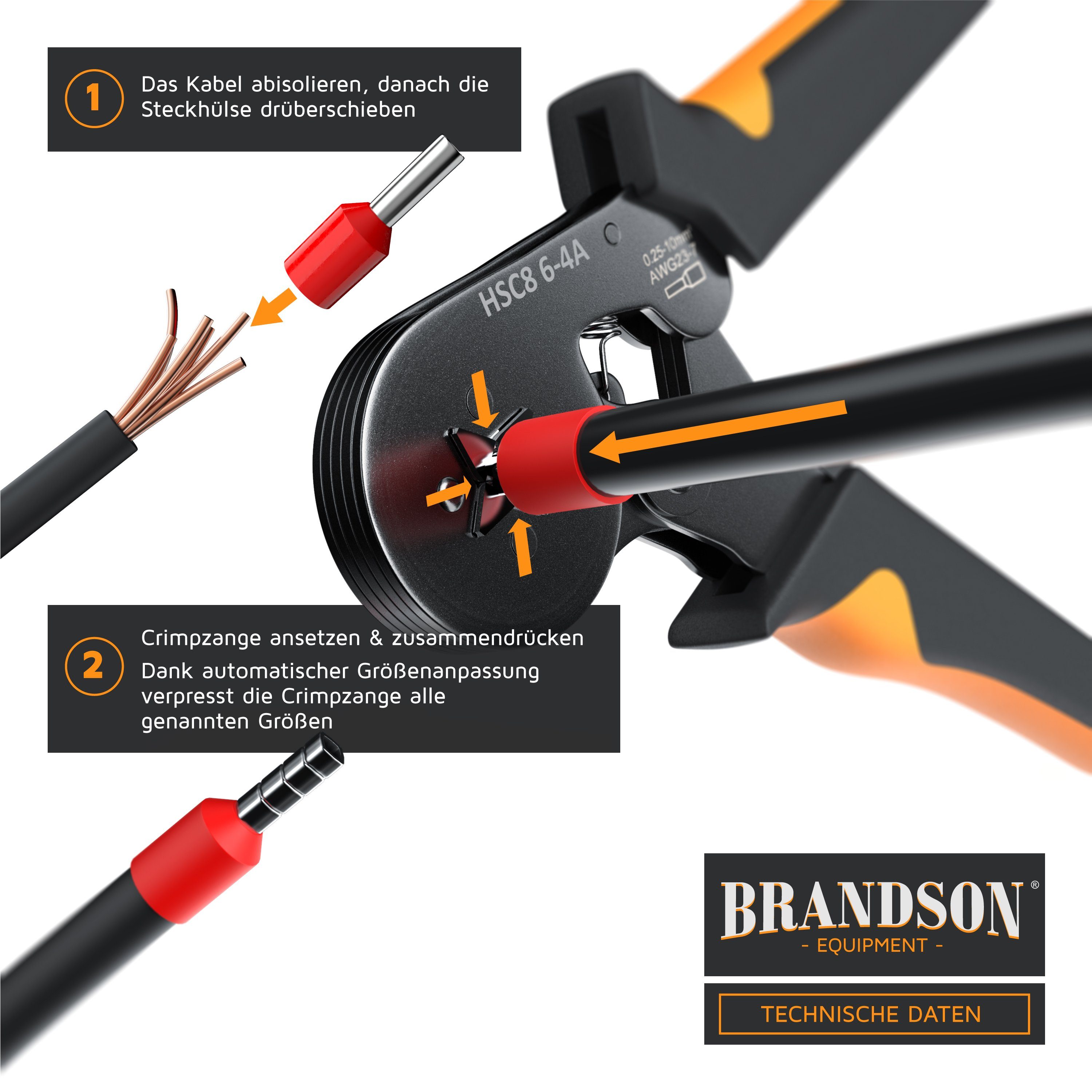 Brandson Abisolierzange Crimpzange Set mit 1200 Aderendhülsen, 1-tlg., Crimpzange mit 1200 Aderendhülsen, Aderendhülsenzange 0,25mm² – 10mm² – Bild 3 von 5