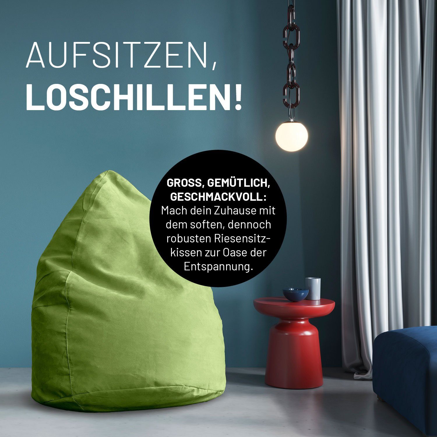 Lumaland Sitzsack Luxury XL weich grün 85x65cm PLUS waschbar Bodenkissen Sitzkissen Microvelours Bag, Bean robust 220L
