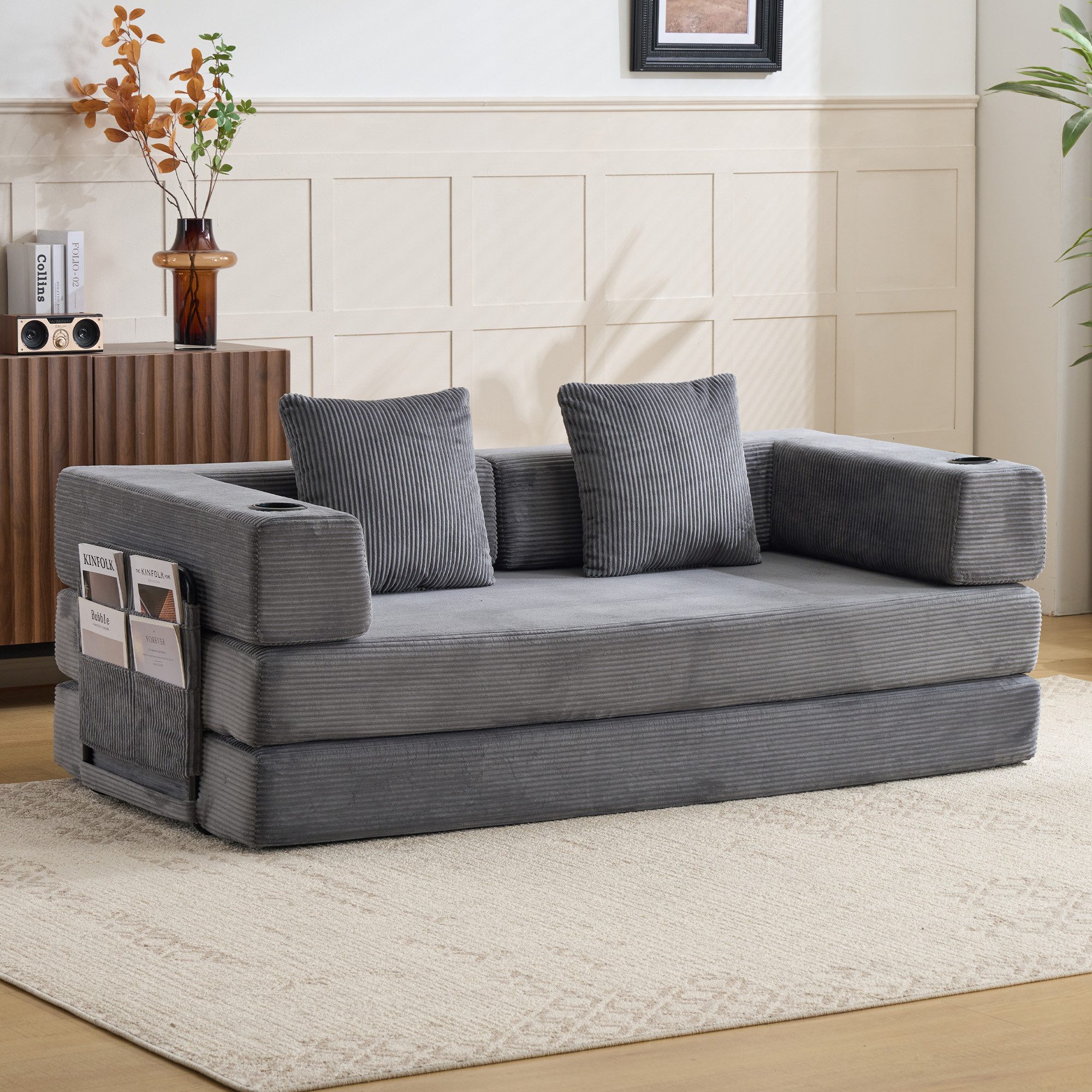 CANMOV Sofa 2 Sitzer Sofa-Bett mit Getränkehaltern, klappbares Gästesofa, Relaxsofa mit Aufklappfunktion und Cordbezug