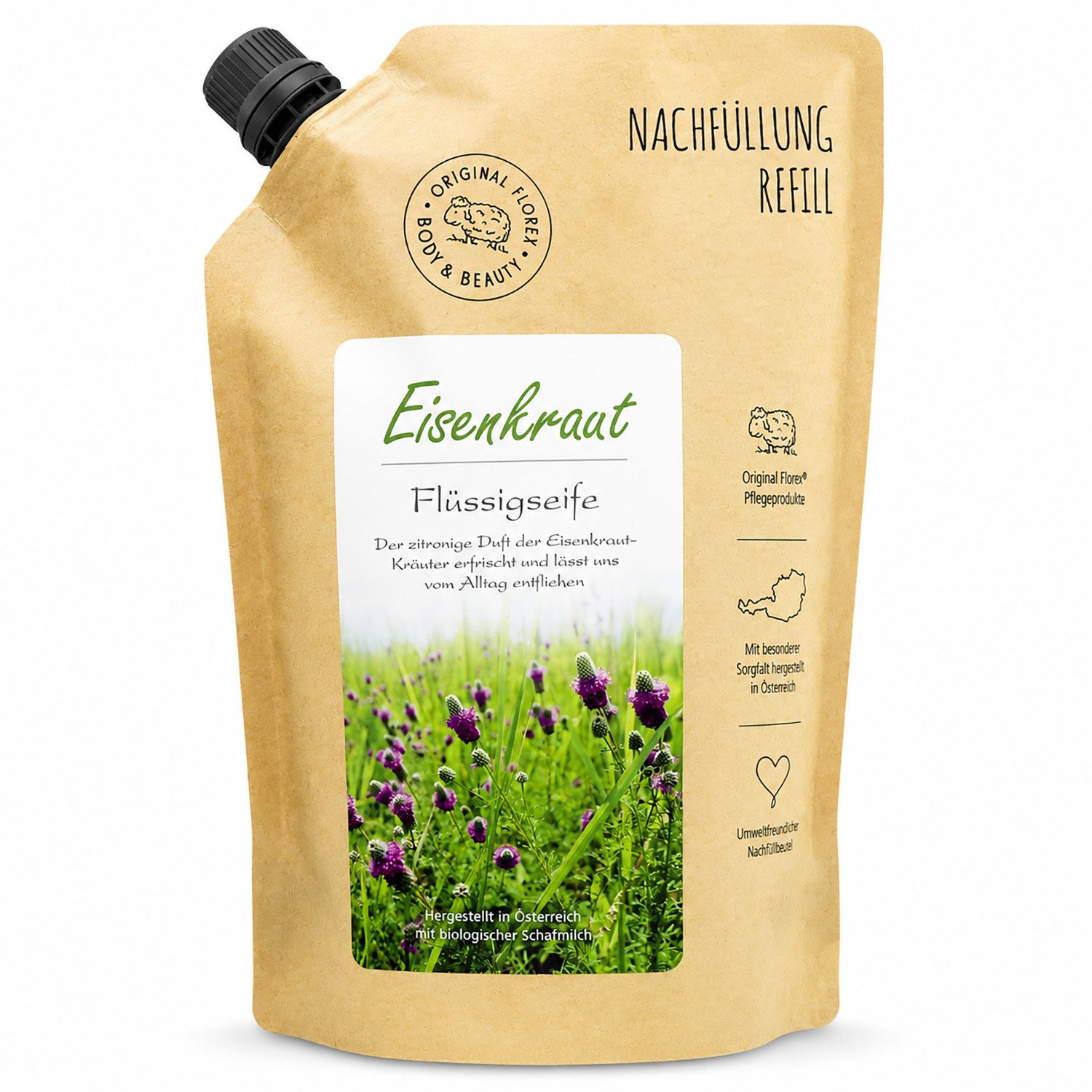 Gerlinde Hofer _ Florex GmbH Flüssigseife mit biologischer Schafmilch 500ml im Nachfüll-Beutel, Eisenkraut