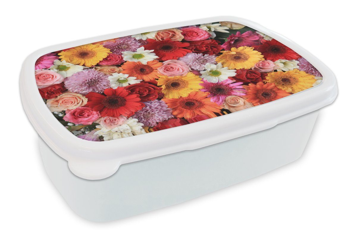 MuchoWow Lunchbox Blumen - Farben - Gerbera - Rosen, Kunststoff, (2-tlg), Brotbox für Kinder und Erwachsene, Brotdose, für Jungs und Mädchen weiß