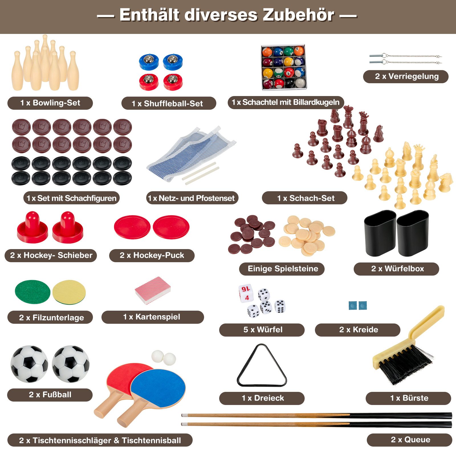 COSTWAY Spieltisch, 10-in-1 Kickertisch, Airhockeytisch, ab 8 Jahren