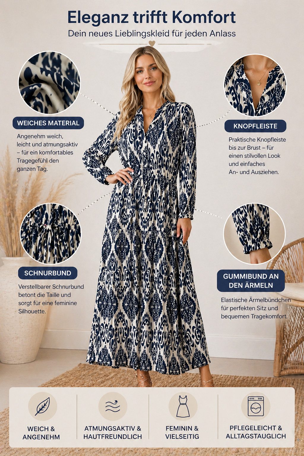 Kendindza Collection Maxikleid Sommerkleid Damen Lang Viskose Elegantes Sommer Kleid lang Maxi Kleid Ikat-Print Knopfleiste & Schnurbund, Luftig Leicht